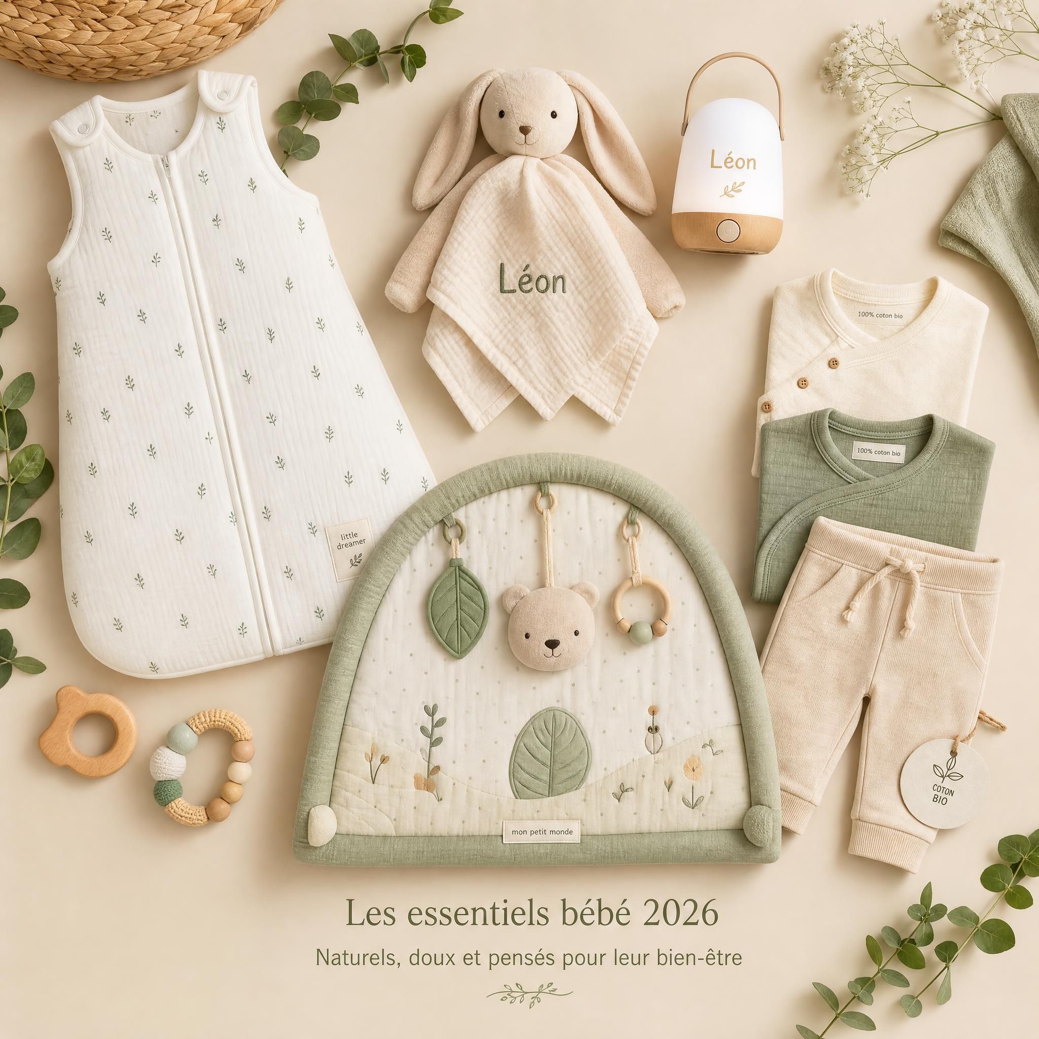 Flat lay élégant des essentiels bébé 2026 : gigoteuse, doudou personnalisé, veilleuse nomade, tapis d'éveil et vêtements bébé en coton bio disposés sur fond beige