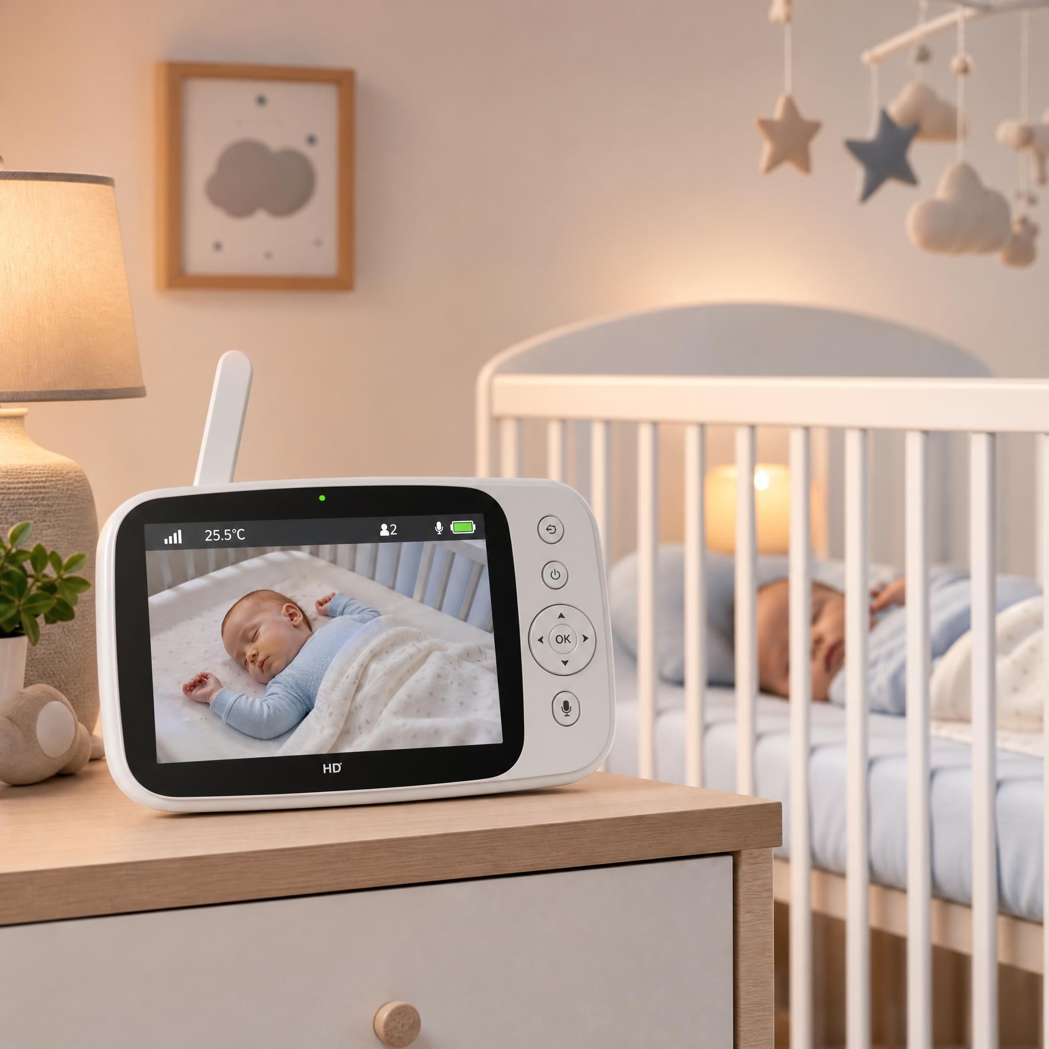 Babyphone vidéo haute définition posé sur une table de nuit à côté d'un lit bébé sécurisé