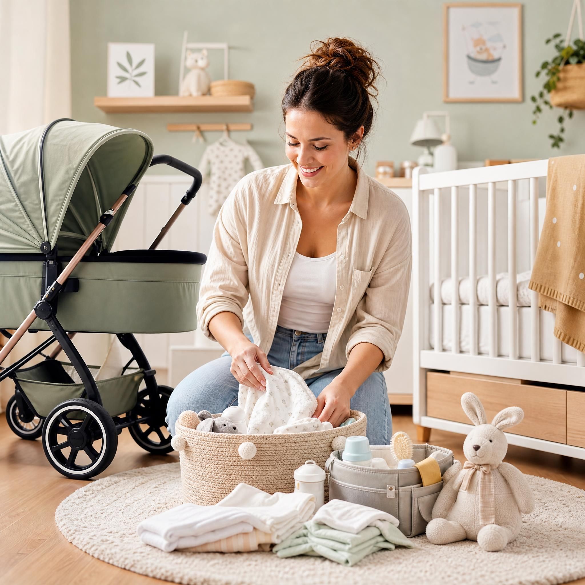 Jeune maman souriante préparant la chambre de bébé avec poussette et accessoires puériculture