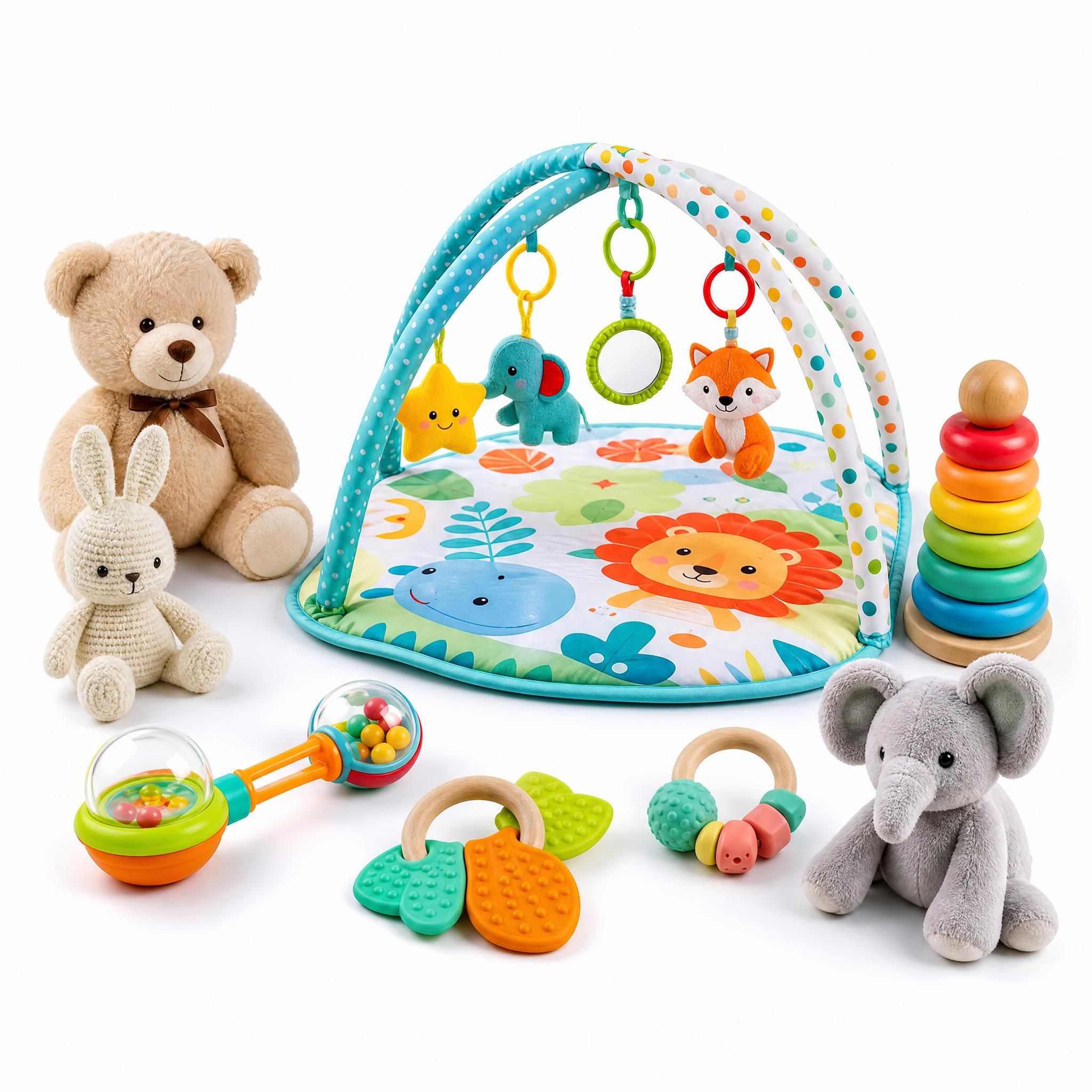 Assortiment de jouets bébé sécurisés et colorés — hochets, tapis d'éveil, anneau de dentition et peluches douces — sur fond blanc épuré