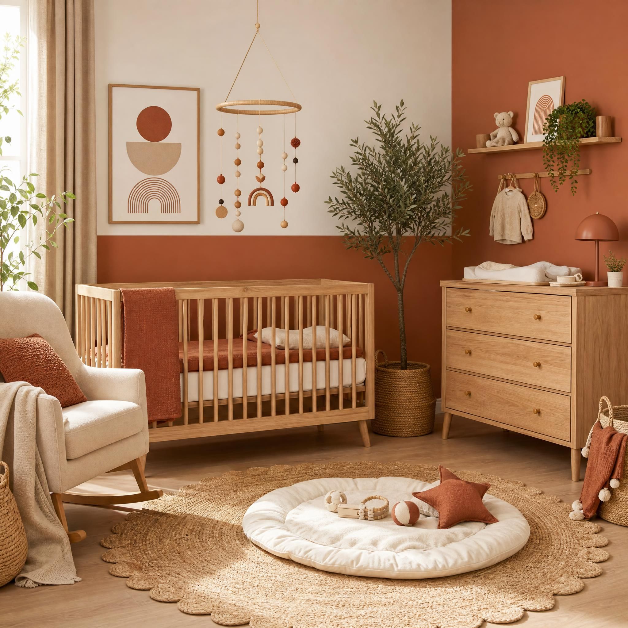 Chambre bébé moderne 2026 avec palette terracotta, mobilier en bois naturel et mobile artisanal