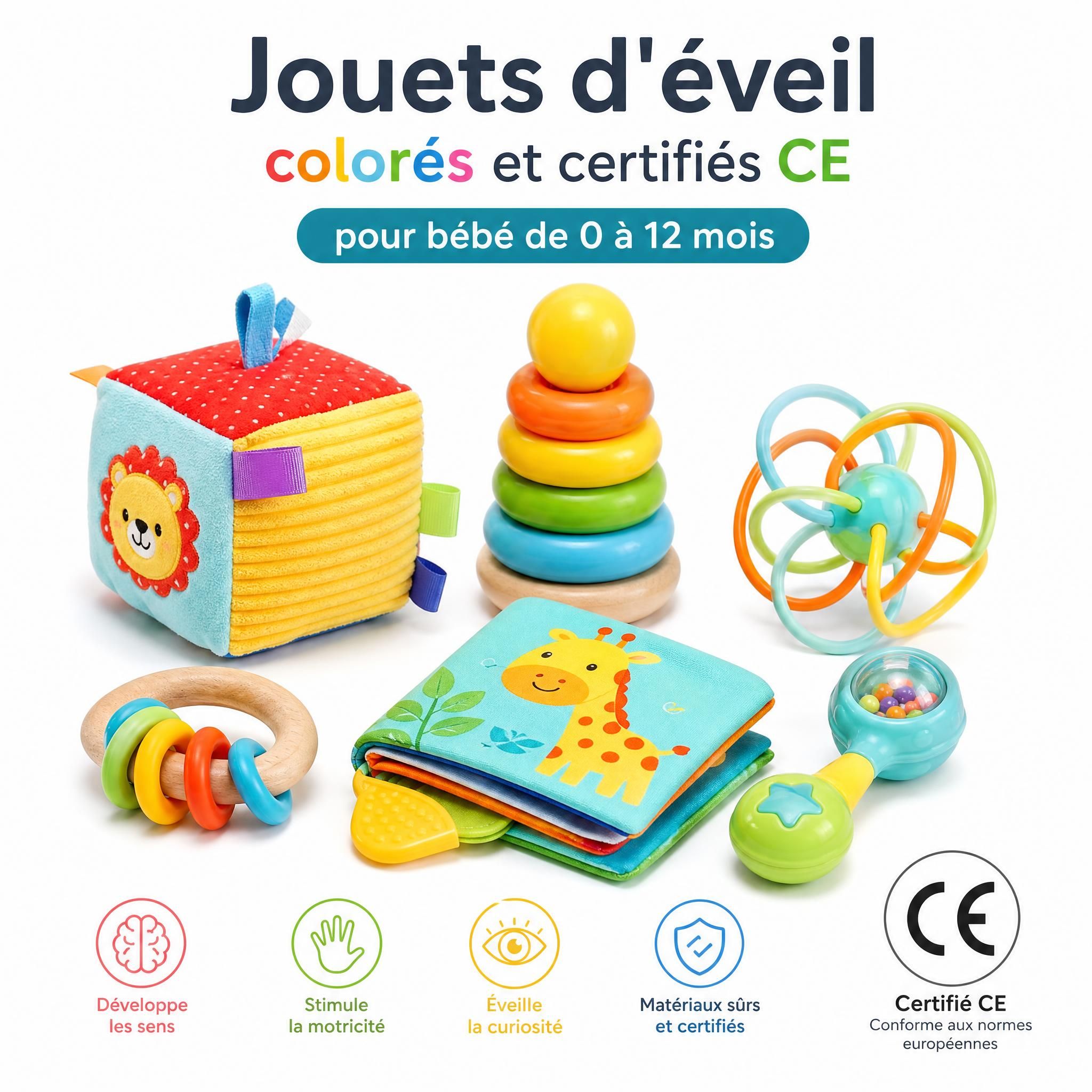 Jouets d'éveil colorés et certifiés CE pour bébé de 0 à 12 mois, sur fond blanc