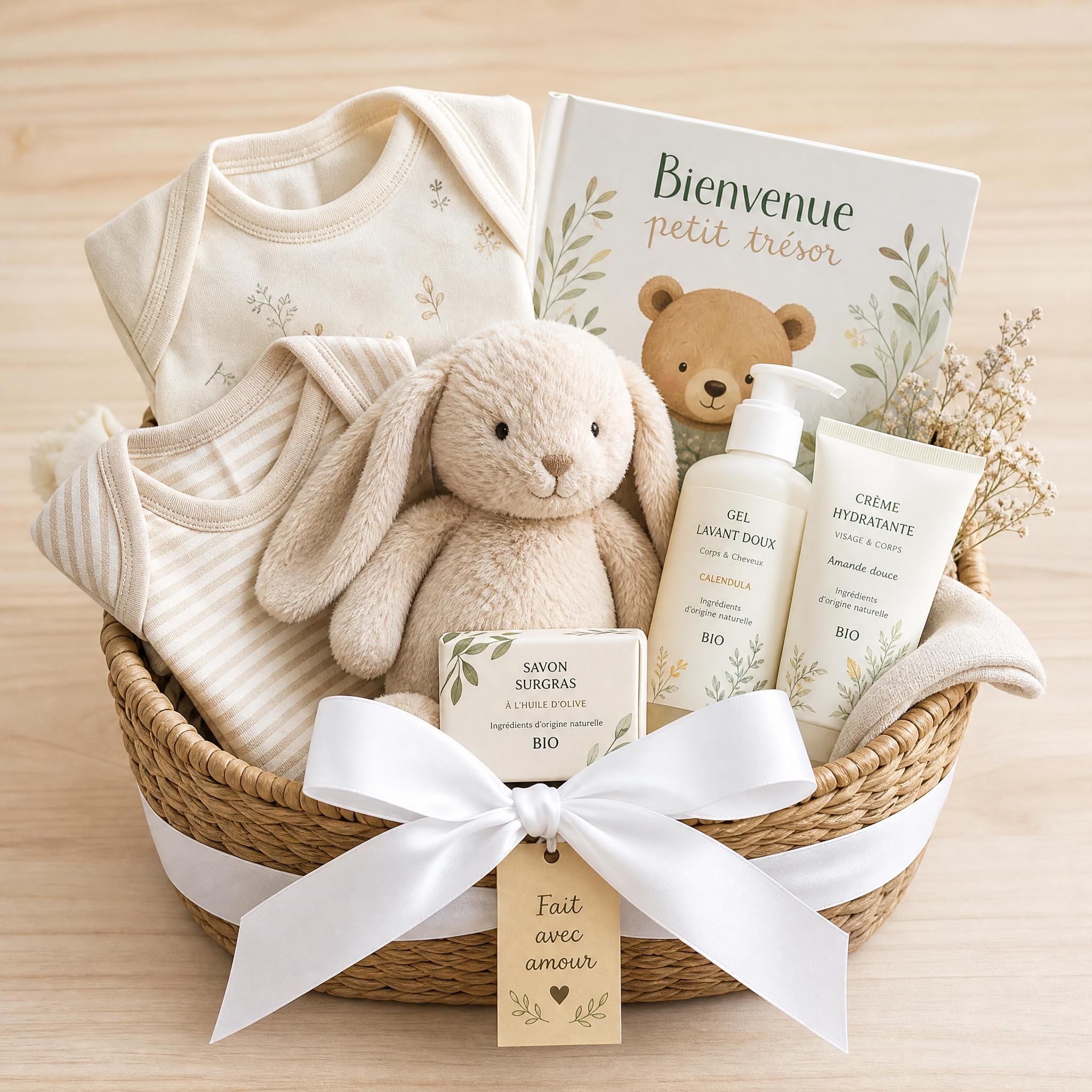 Joli panier cadeau naissance avec vêtements bébé en coton bio, peluche douce, livre illustré et produits de soin naturels, noué d'un ruban blanc sur fond bois clair