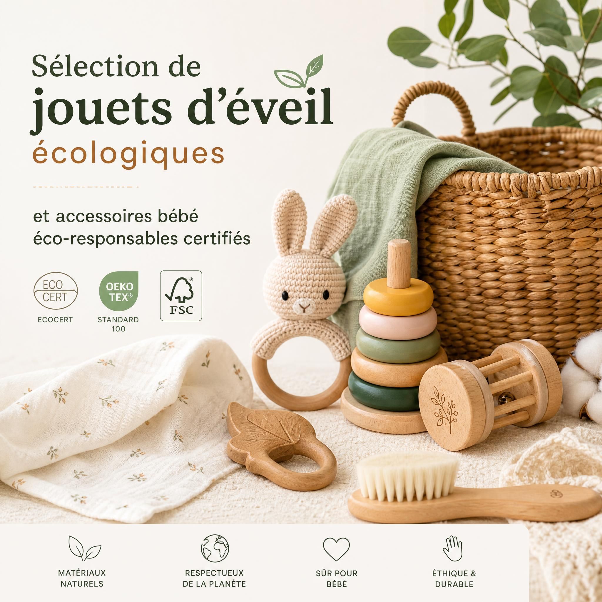 Sélection de jouets d'éveil écologiques et accessoires bébé éco-responsables certifiés