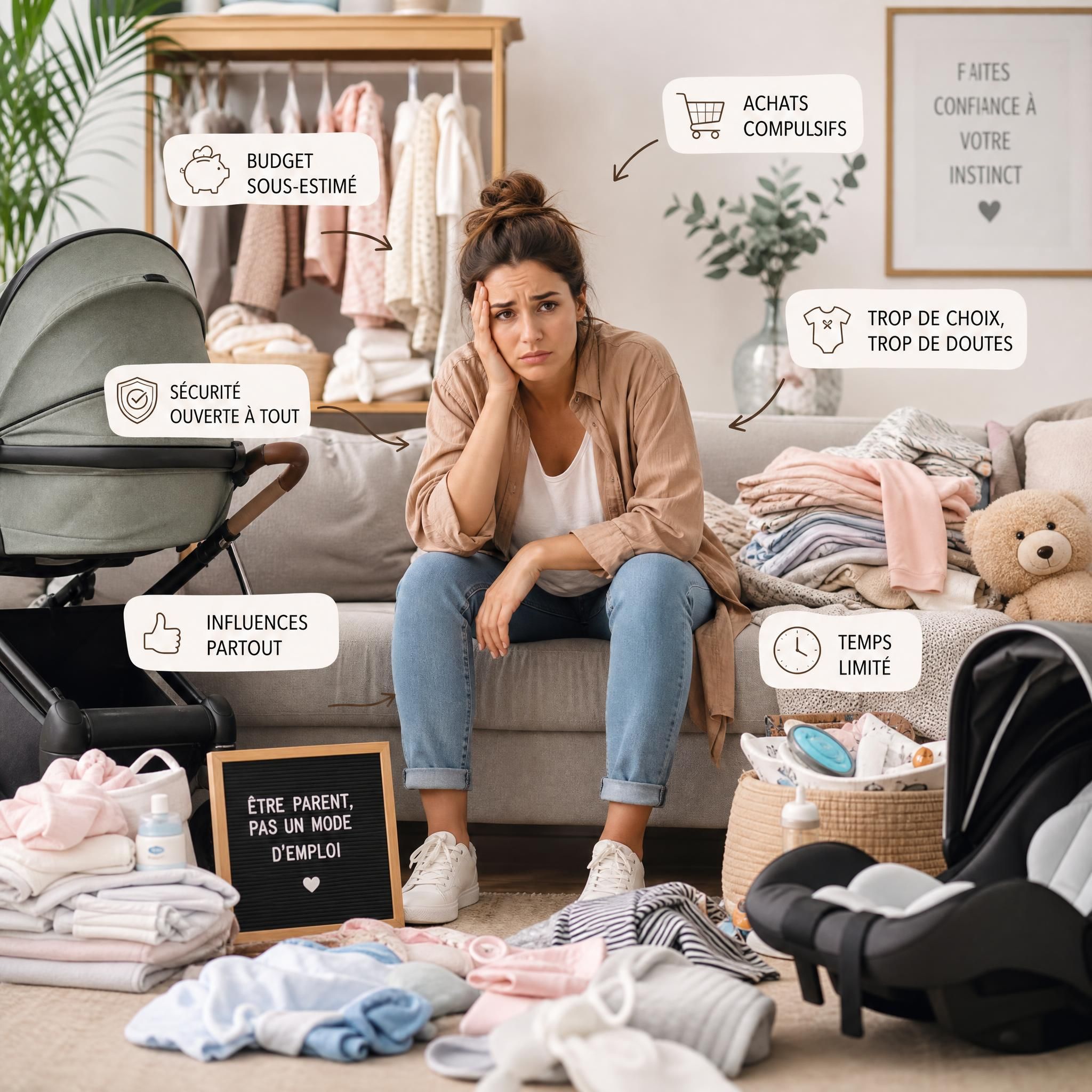 Jeune maman dépassée entourée d'accessoires bébé, poussette et vêtements, symbolisant les pièges de la puériculture pour jeunes parents
