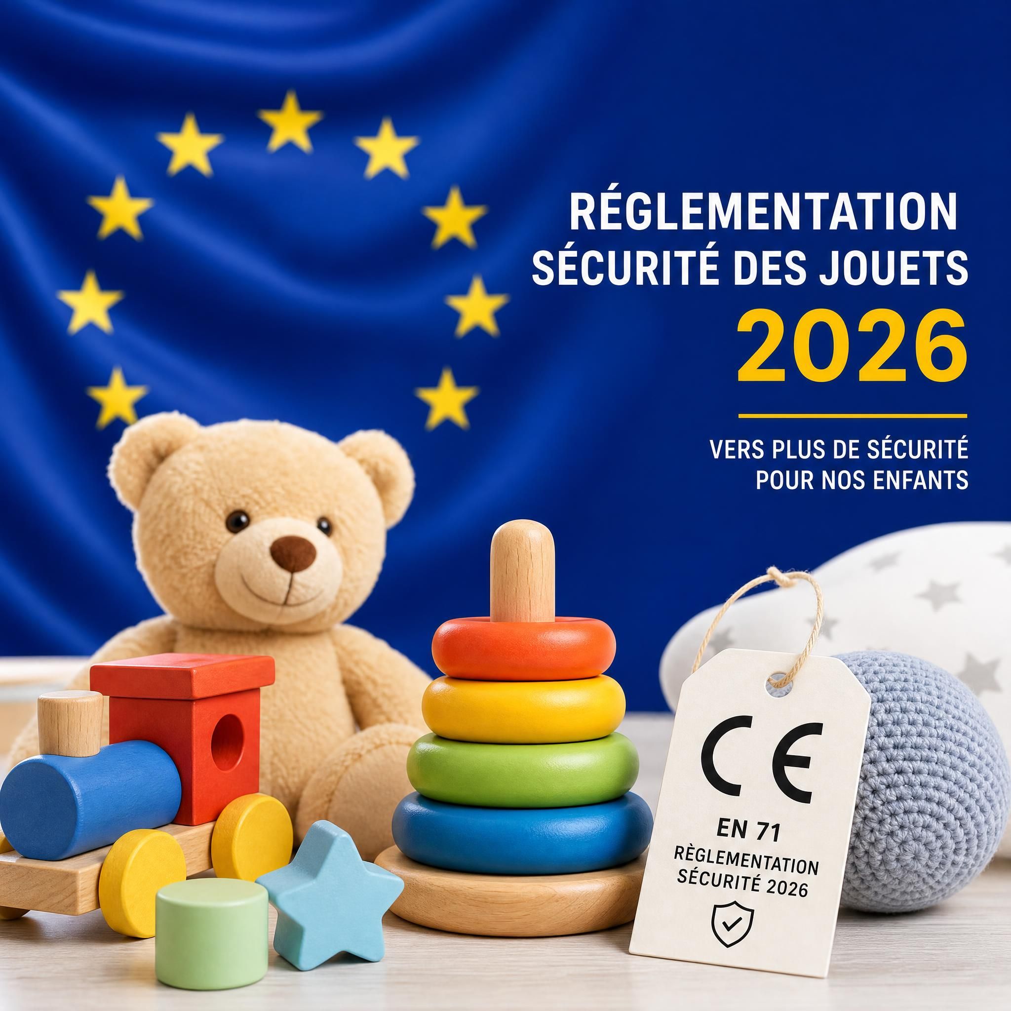 Logo de l'Union européenne avec des jouets bébé certifiés CE en premier plan, symbolisant la nouvelle réglementation sécurité 2026