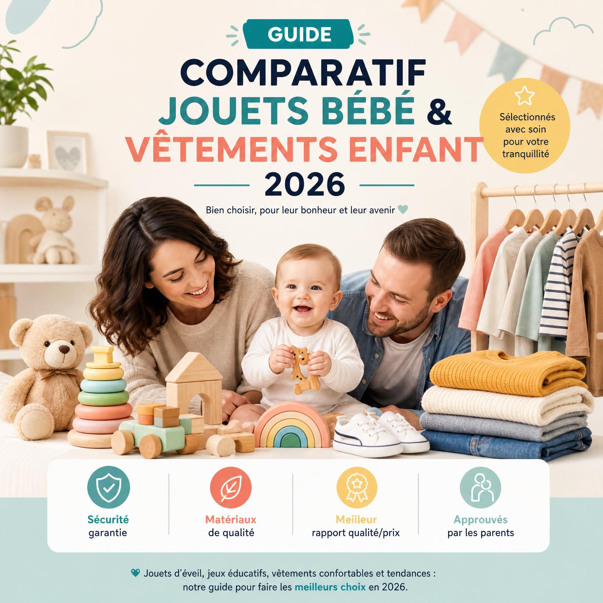 Guide comparatif jouets bébé et vêtements enfant 2026 — parents heureux entourés de produits bébé soigneusement sélectionnés