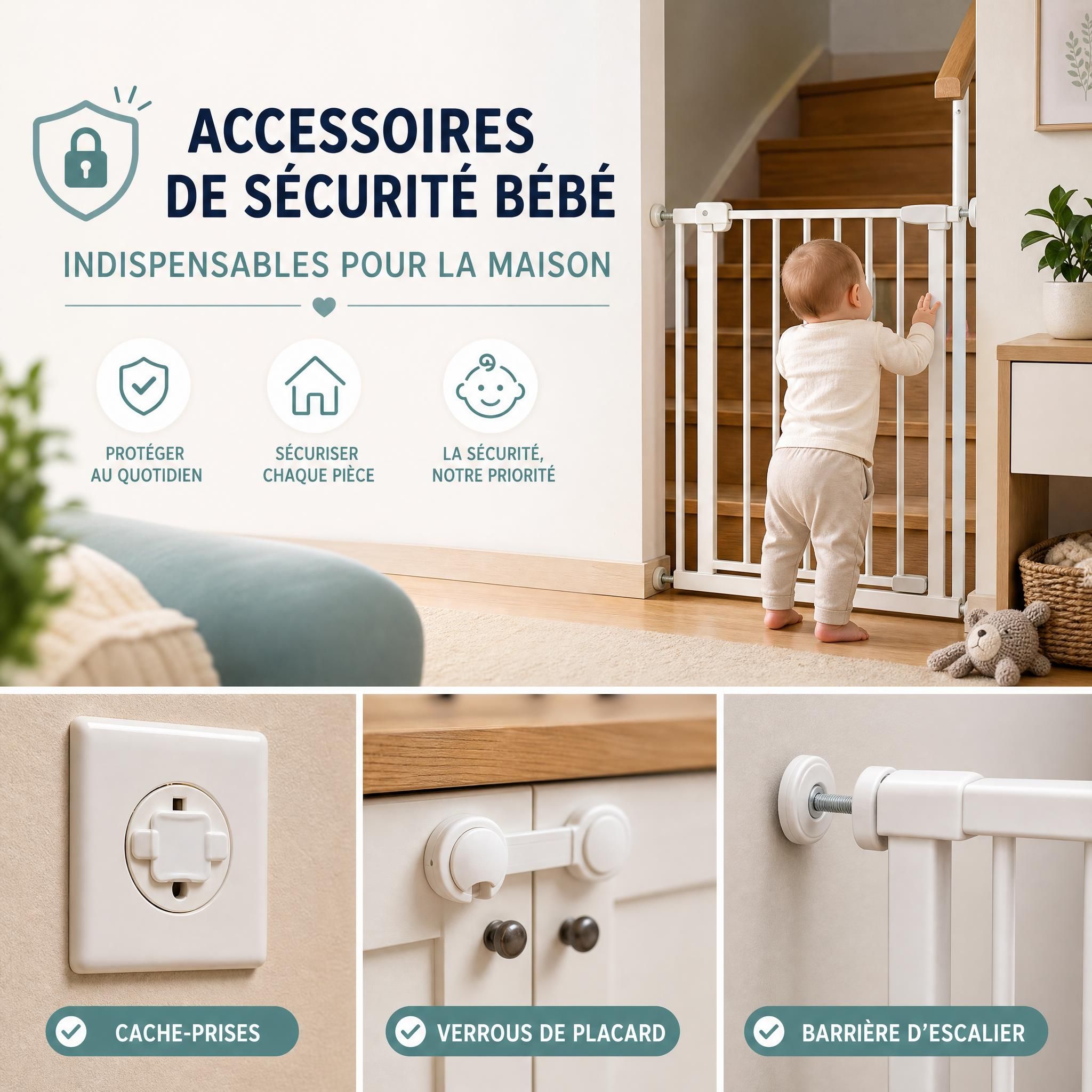 Accessoires de sécurité bébé indispensables pour la maison - cache-prises, barrière d'escalier, verrous de placard, puériculture sécurité enfant
