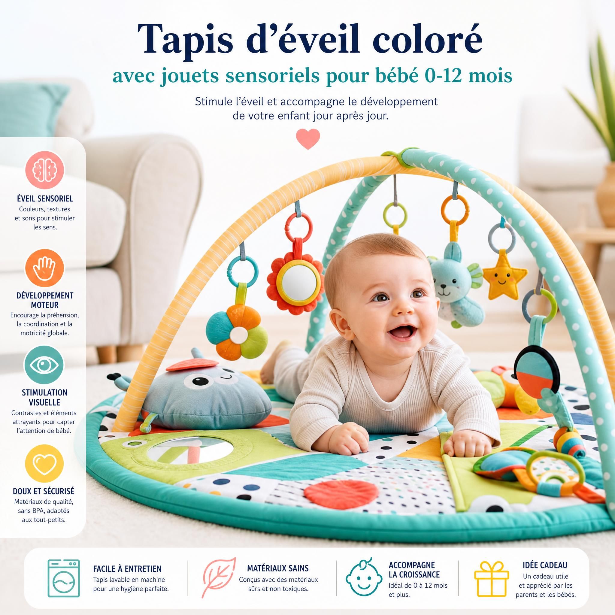 Tapis d'éveil coloré avec jouets sensoriels pour bébé 0-12 mois, stimulation développement enfant