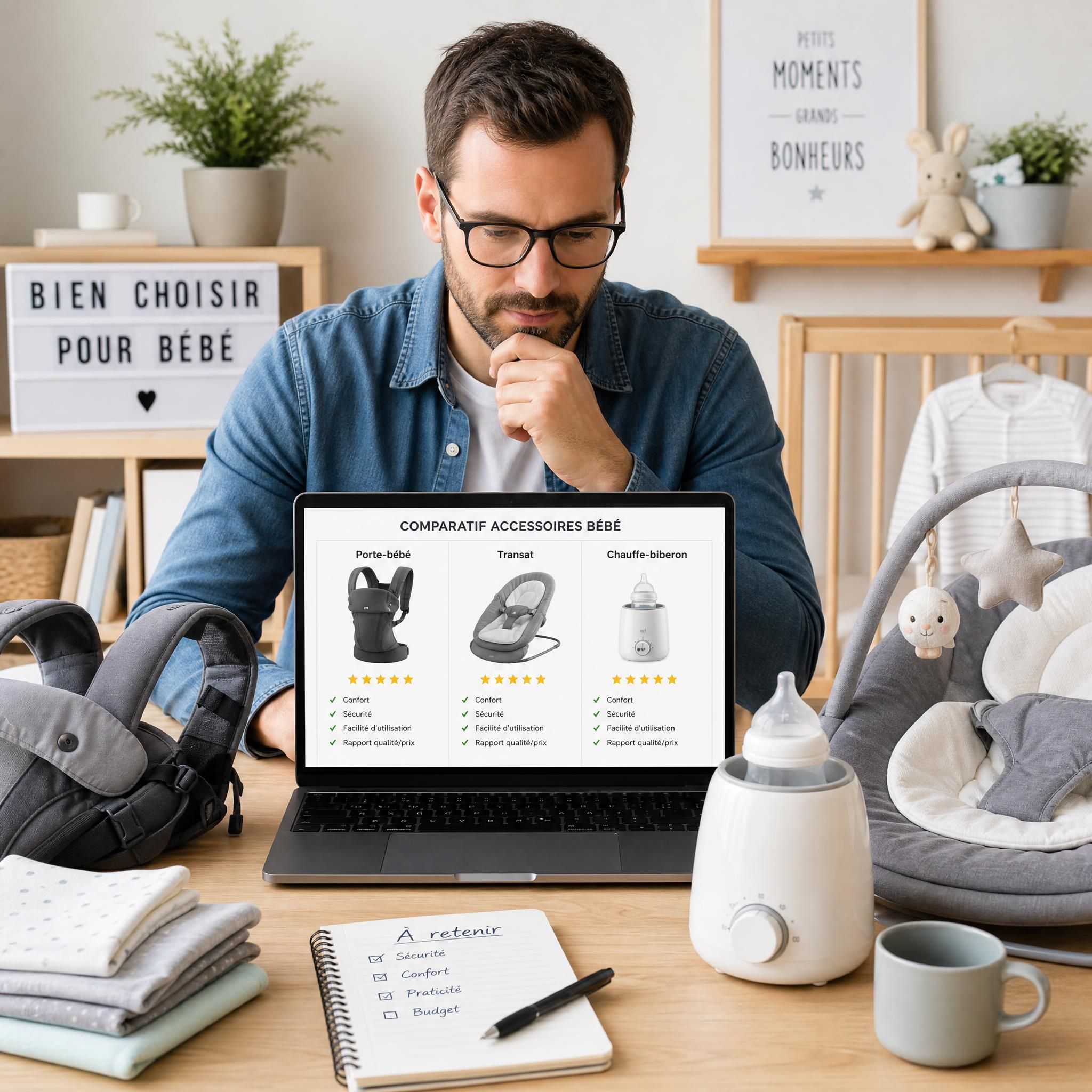 Parent expert comparant des accessoires bébé sur un ordinateur portable avec des produits de puériculture autour de lui