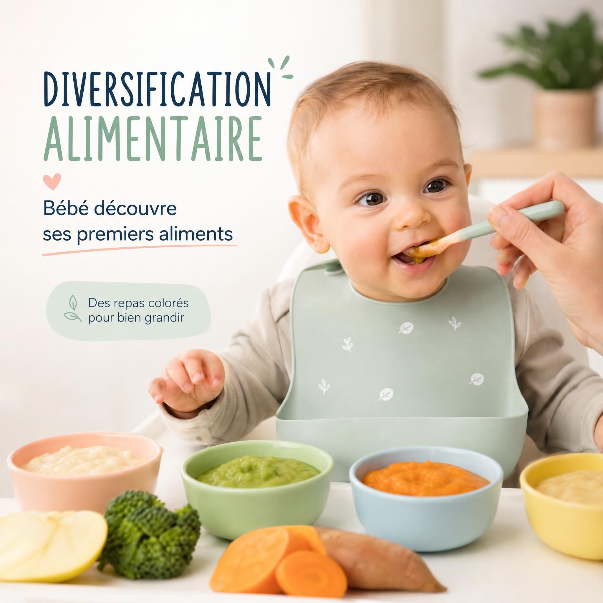 Bébé découvrant ses premiers aliments lors de la diversification alimentaire avec purées colorées
