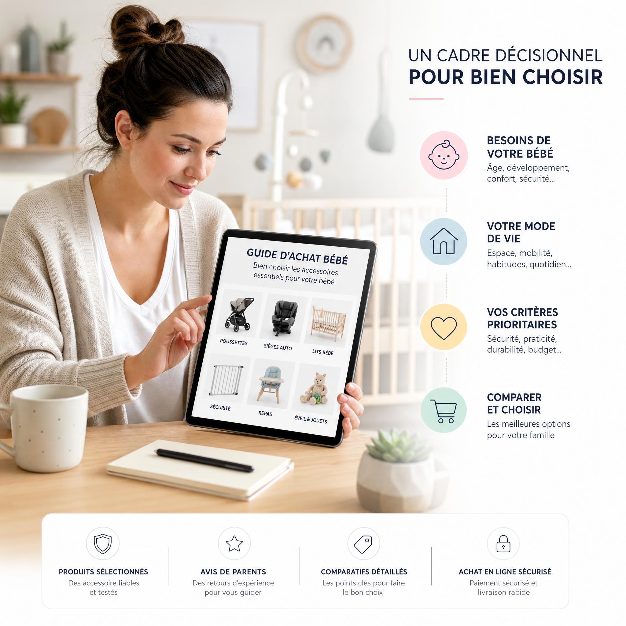 Jeune mère consultant un guide d'achat bébé sur tablette, framework décisionnel accessoires puériculture vente en ligne