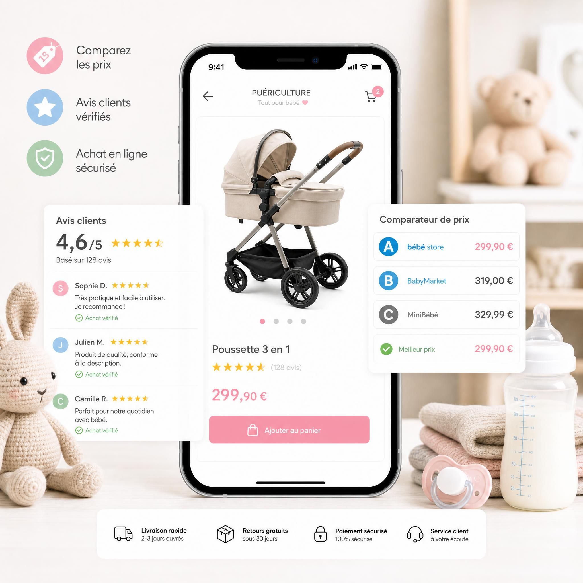 Interface e-commerce bébé sur smartphone avec comparateur de prix et avis clients, achat en ligne puériculture