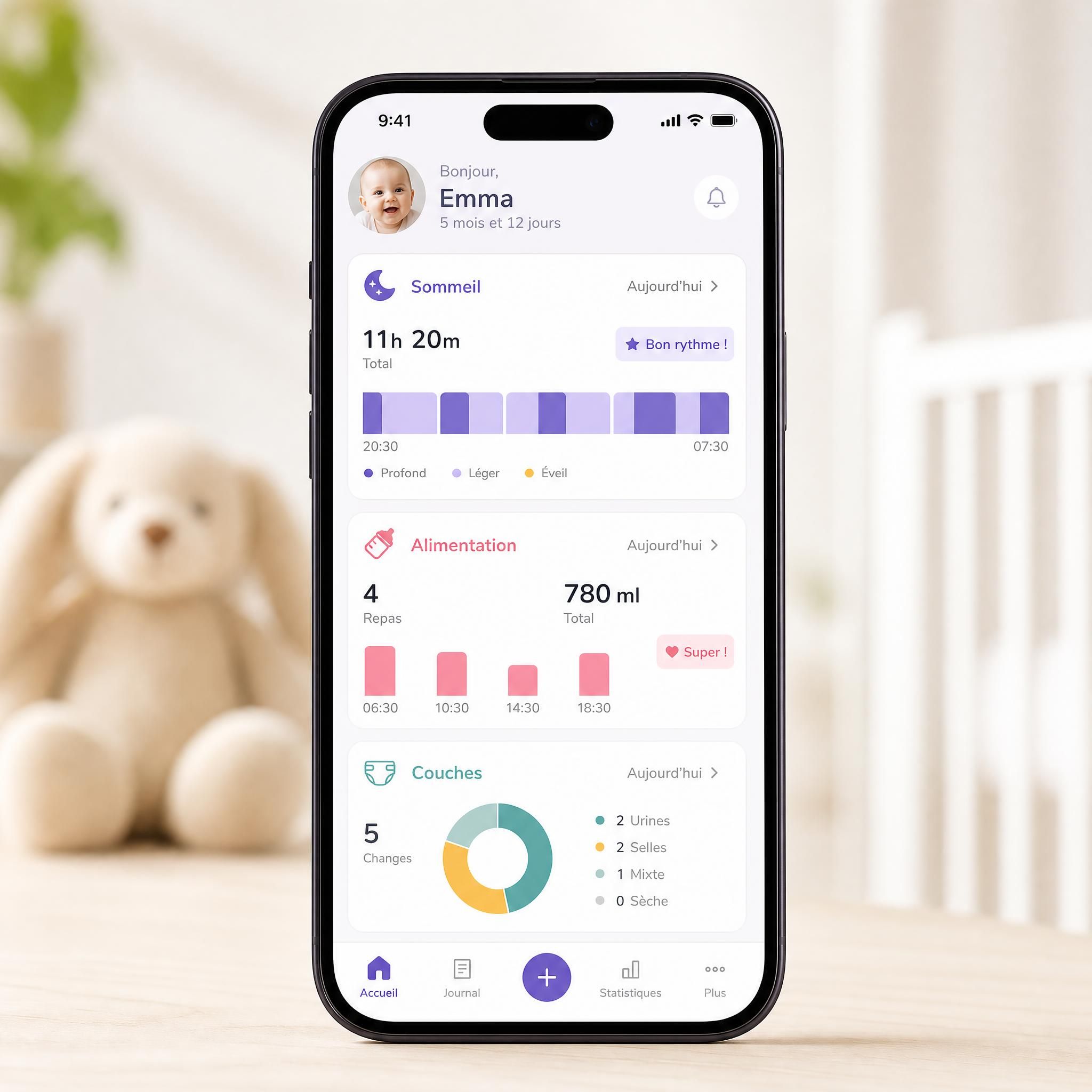 Écran de smartphone affichant une interface d'application de suivi bébé avec graphiques de sommeil et d'alimentation colorés