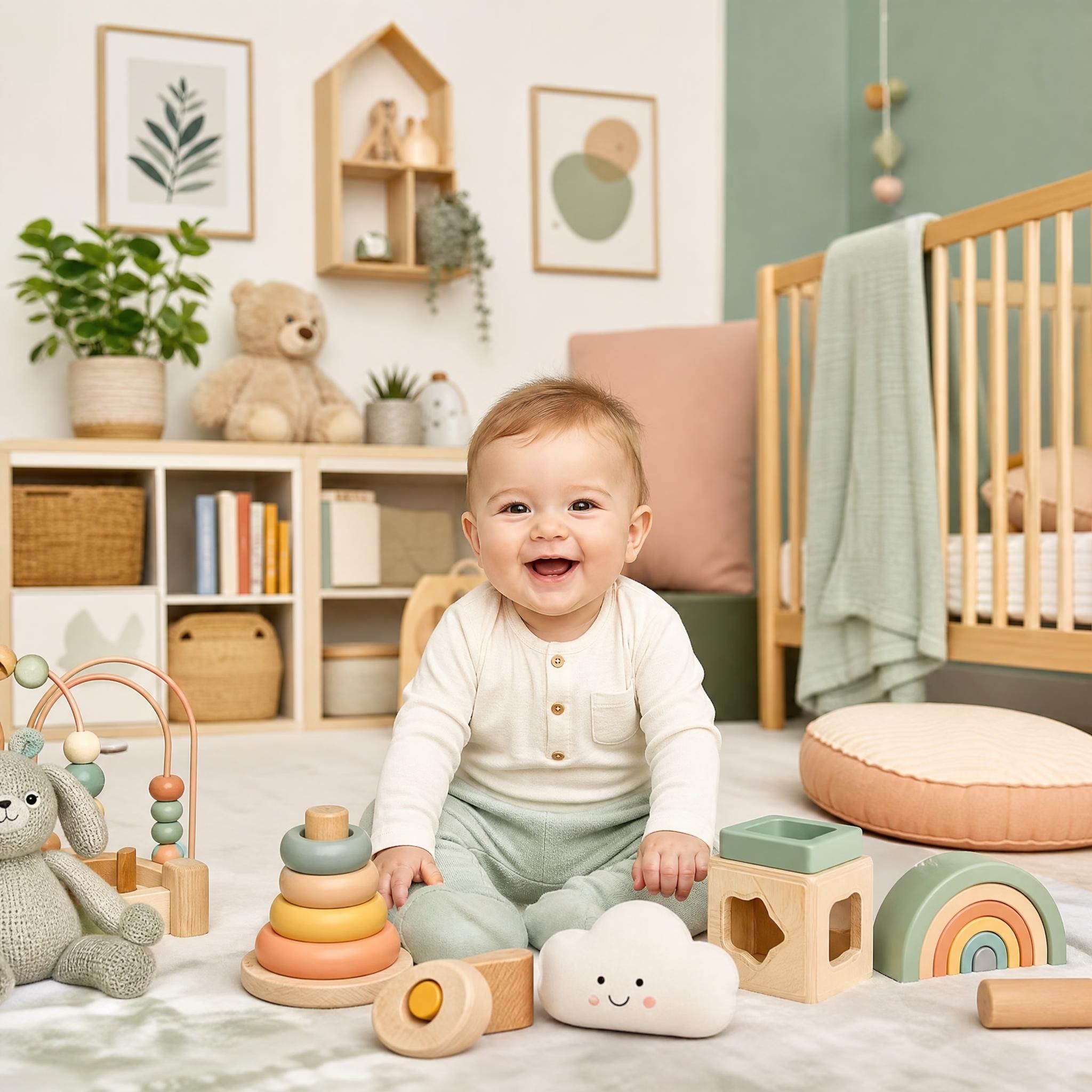 Bébé souriant entouré de jouets colorés tendance 2026, chambre bébé décorée avec des couleurs pastels naturelles