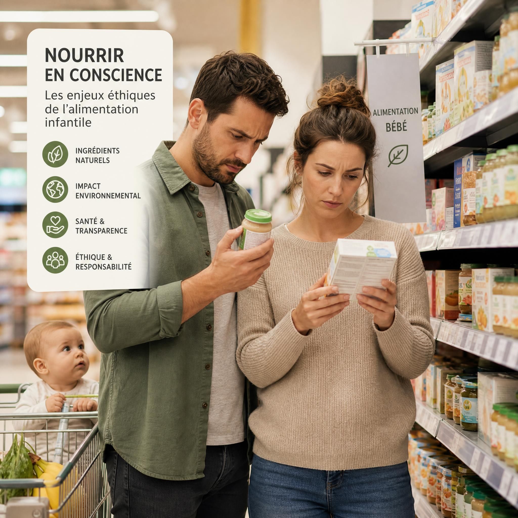 Parents inquiets lisant les étiquettes de produits alimentaires pour bébé dans un supermarché, symbole des enjeux éthiques de l'alimentation infantile