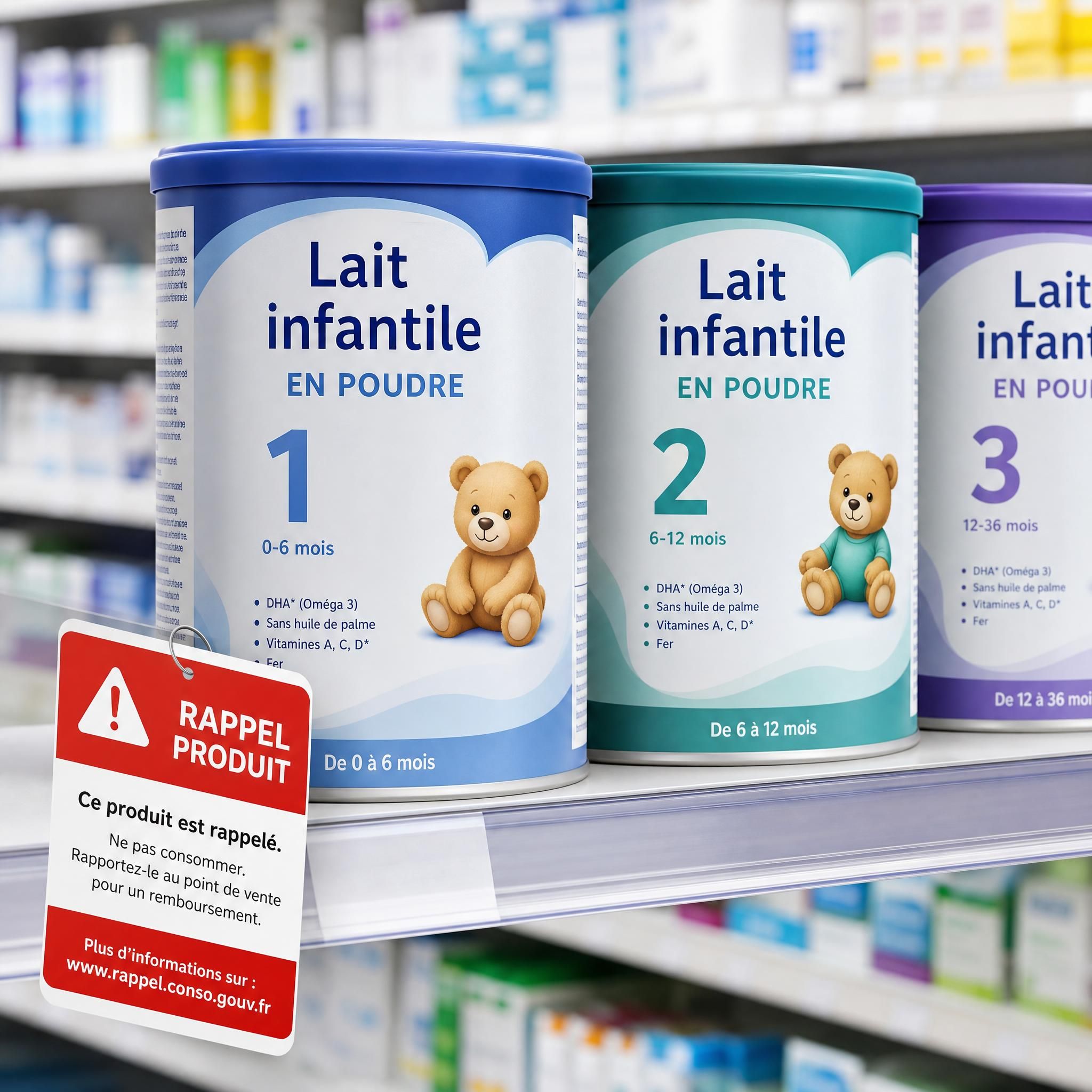 Boîtes de lait infantile en poudre sur une étagère de pharmacie avec une étiquette de rappel visible