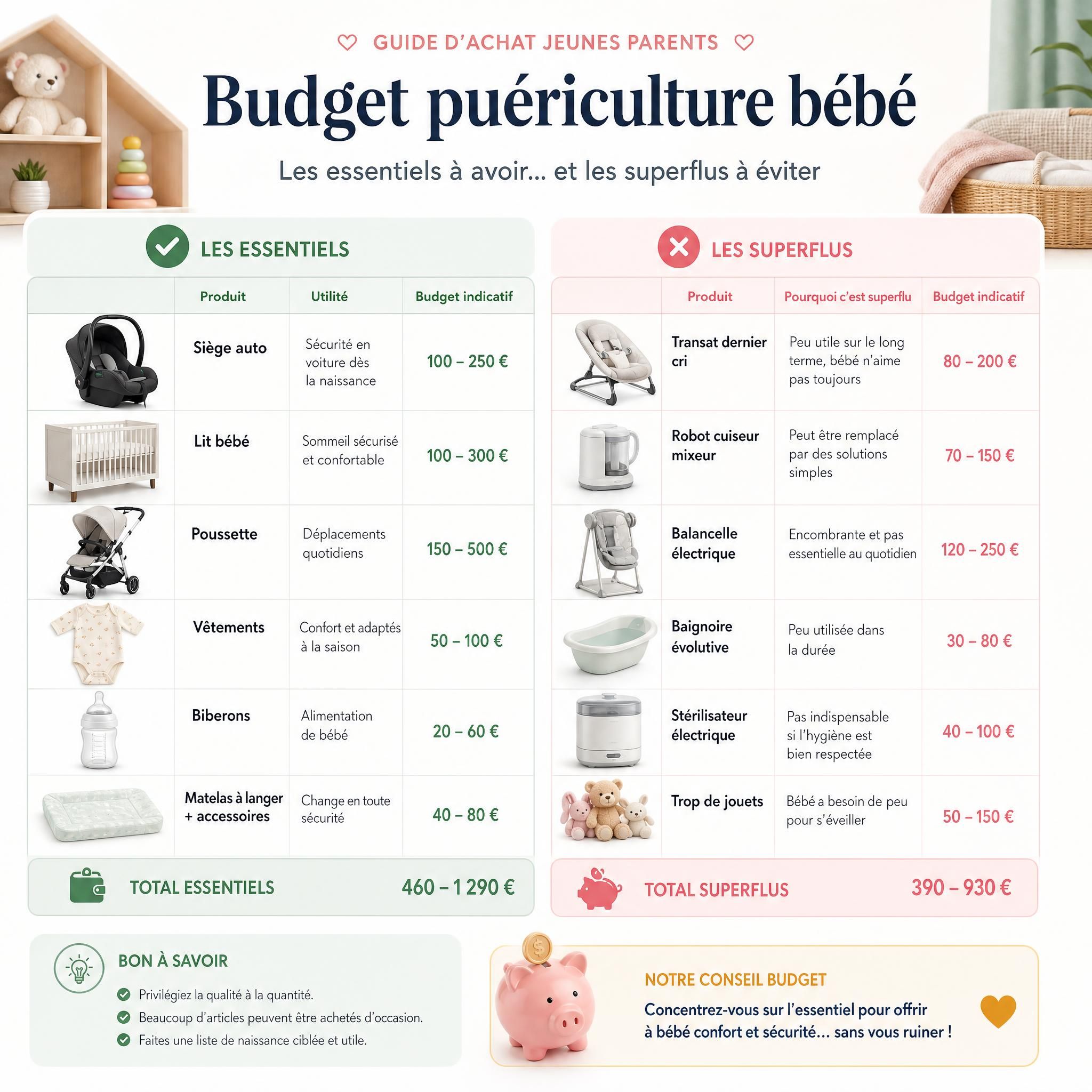 Tableau comparatif budget puériculture bébé avec liste des essentiels versus superflus, guide d'achat jeunes parents