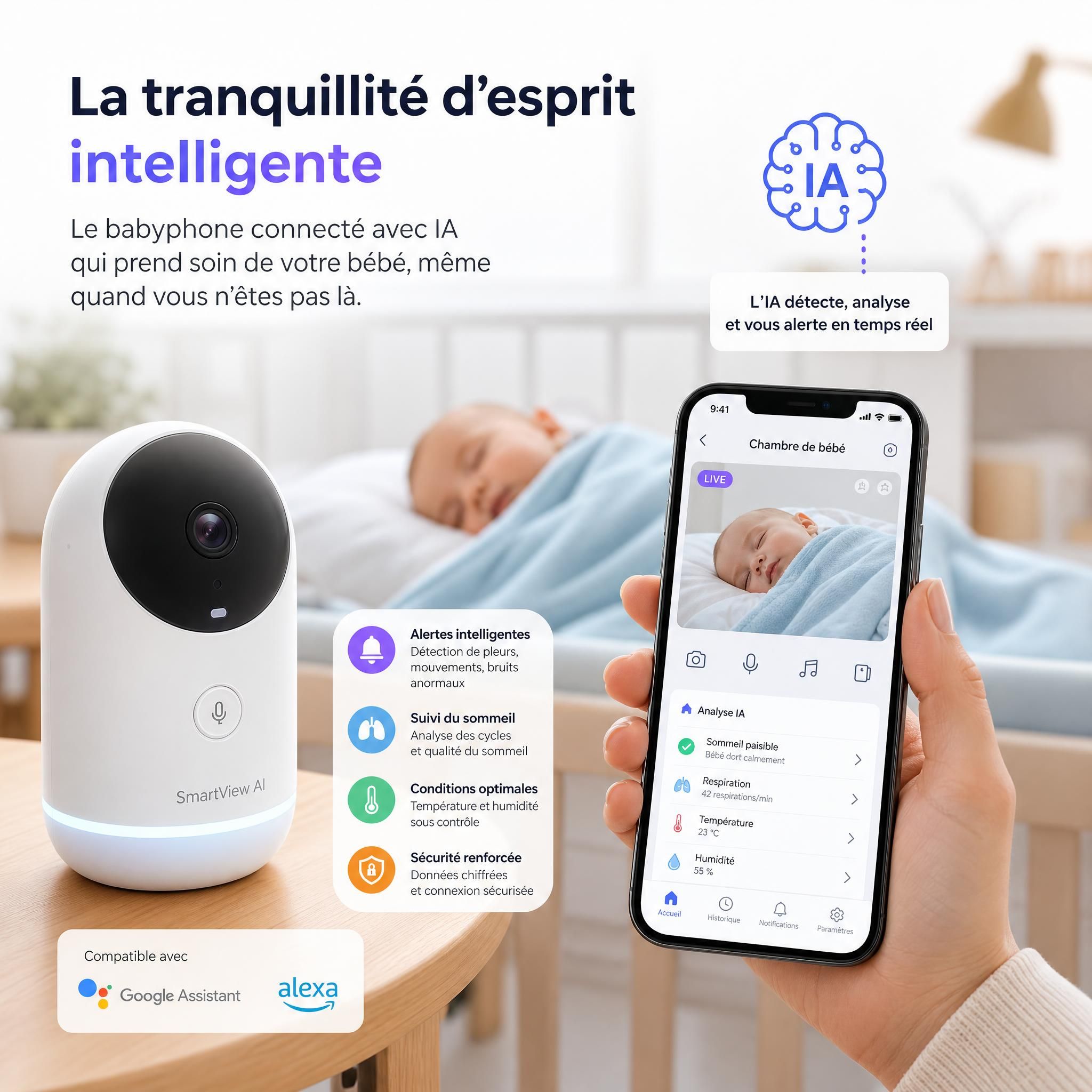 Babyphone connecté avec intelligence artificielle et interface smartphone pour parents modernes
