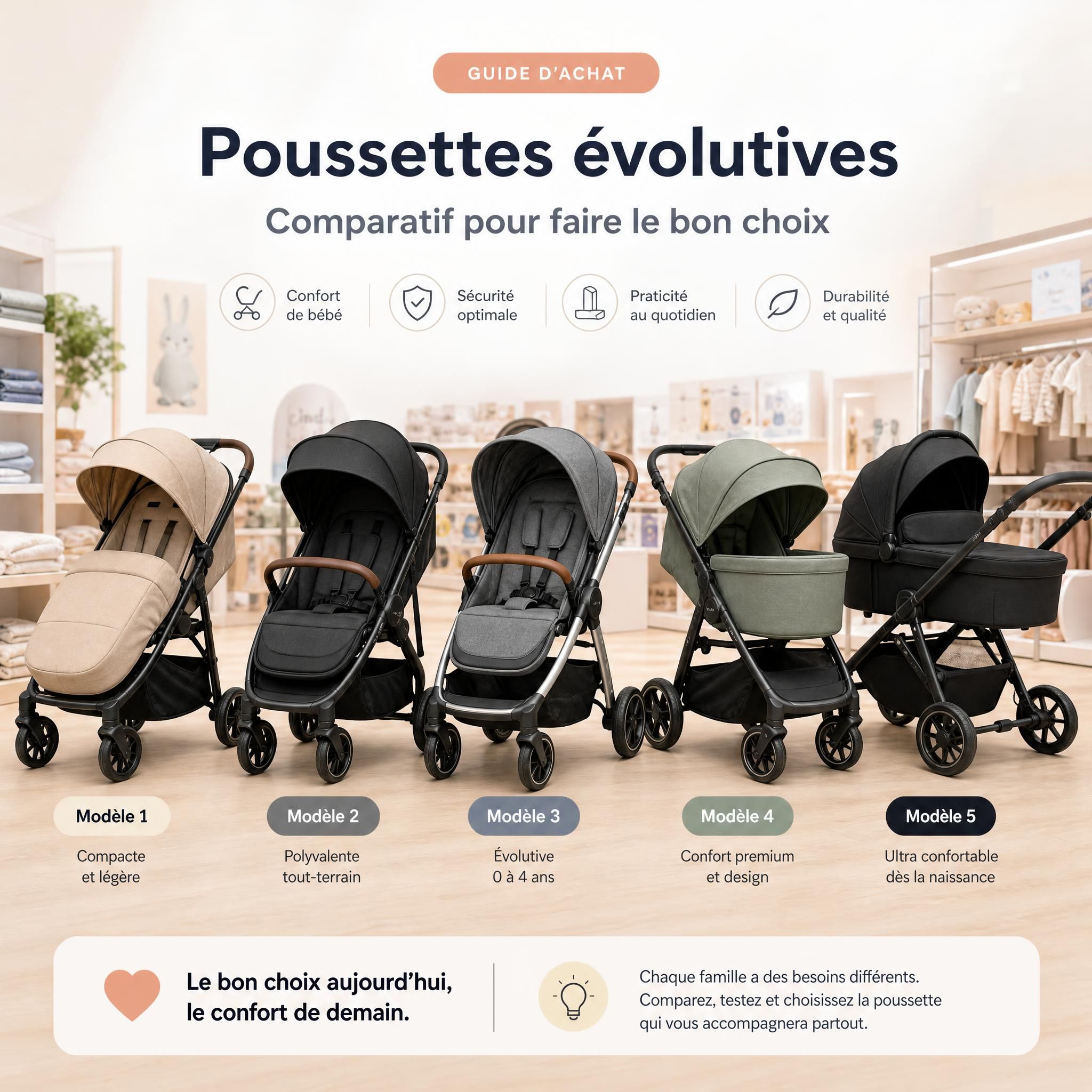 Comparatif de différents modèles de poussettes bébé alignées en magasin, guide d'achat poussette évolutive
