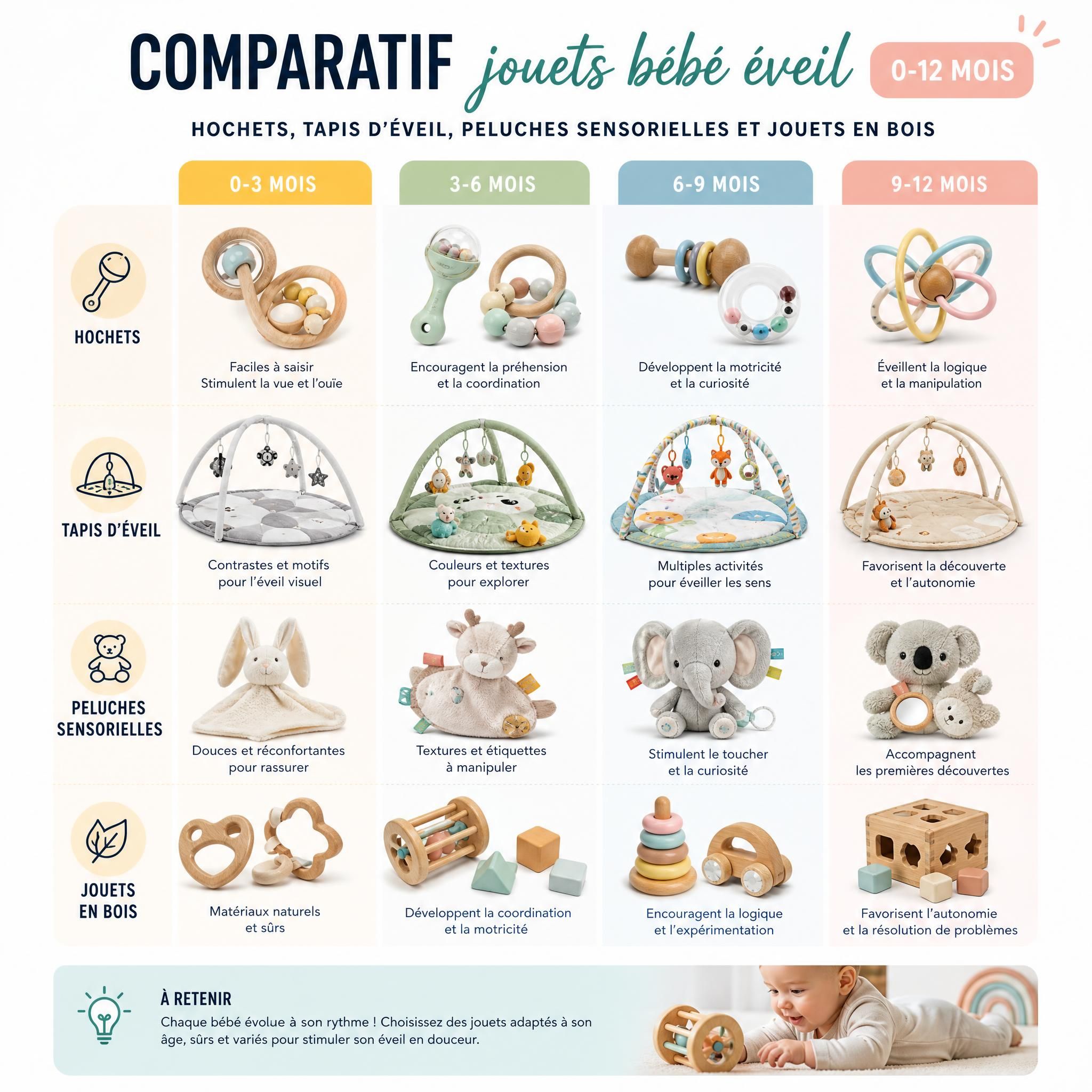 Comparatif jouets bébé éveil 0-12 mois — hochets, tapis d'éveil, peluches sensorielles et jouets en bois disposés par catégorie d'âge