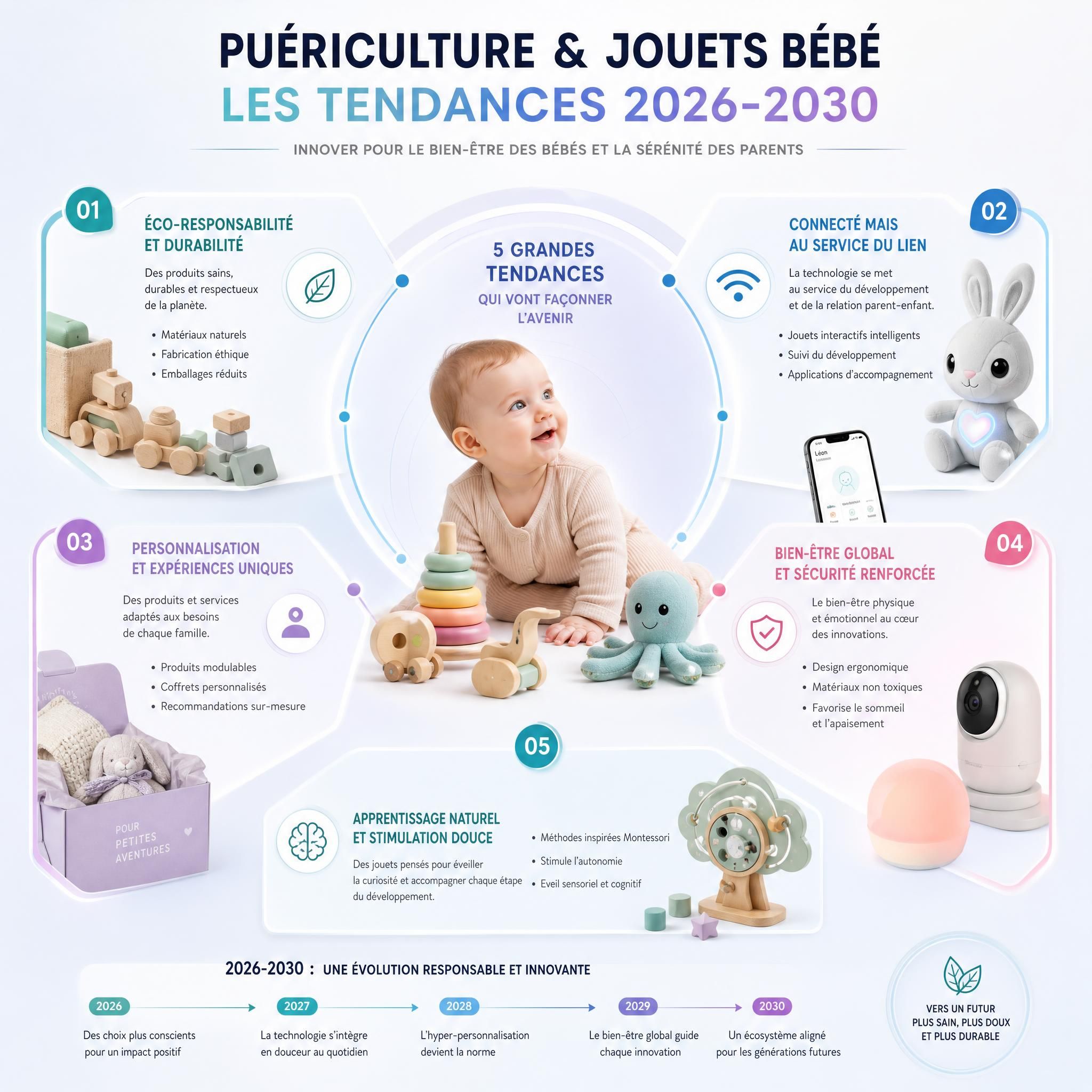 Infographie futuriste montrant les tendances jouets bébé et puériculture 2026-2030