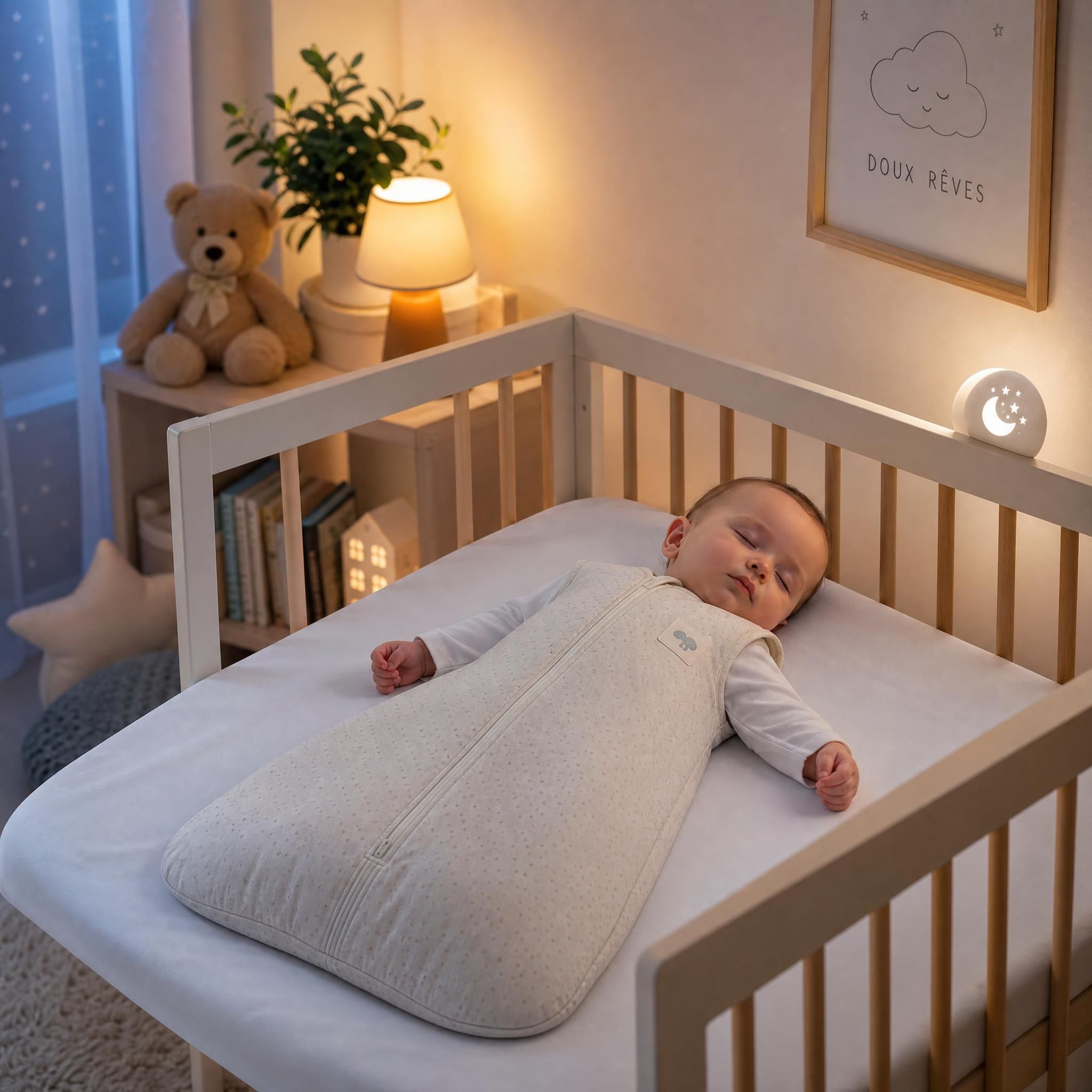 Bébé dormant paisiblement dans son lit sécurisé avec turbulette, chambre à l'ambiance douce et apaisante, sommeil bébé sain