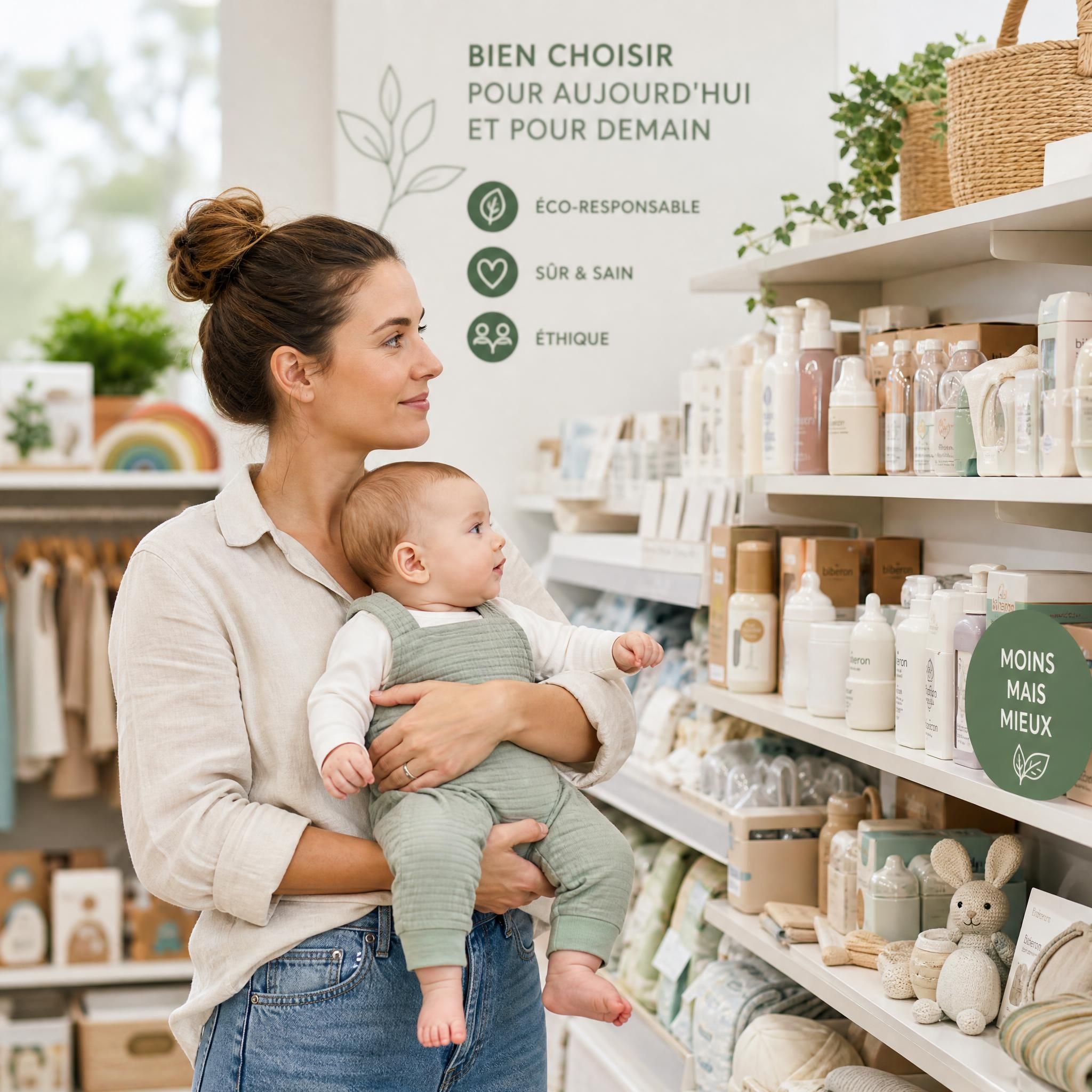 Parent tenant un bébé dans ses bras devant des rayons de produits de puériculture, symbolisant le choix éthique de consommation responsable