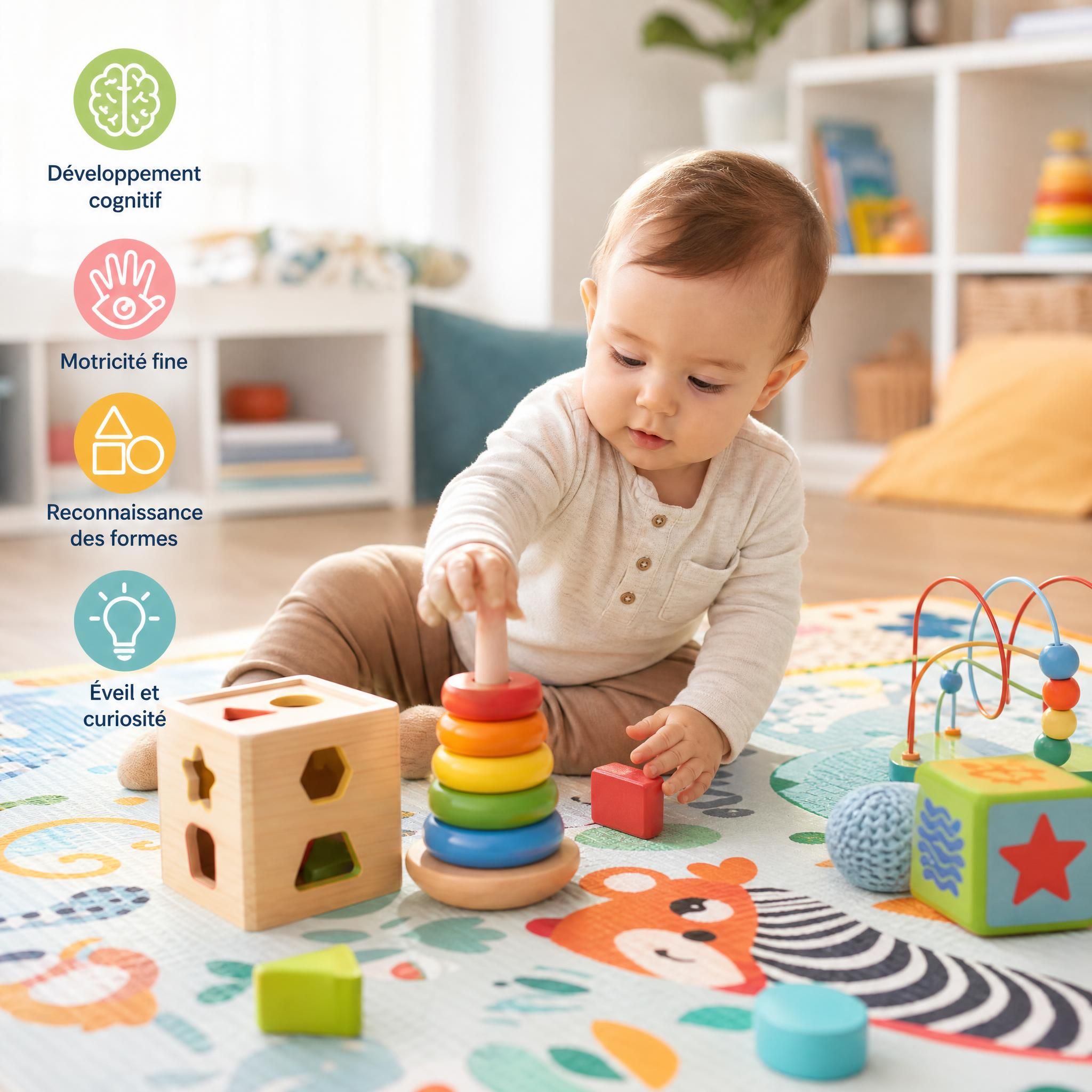 Bébé jouant avec des jouets éducatifs colorés sur un tapis d'éveil, développement cognitif
