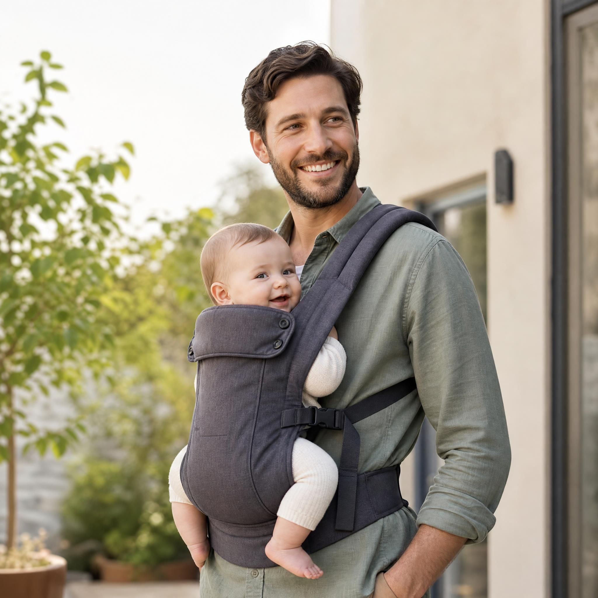 papa portant son bébé dans un porte-bébé ergonomique en tissu, mains libres, souriant