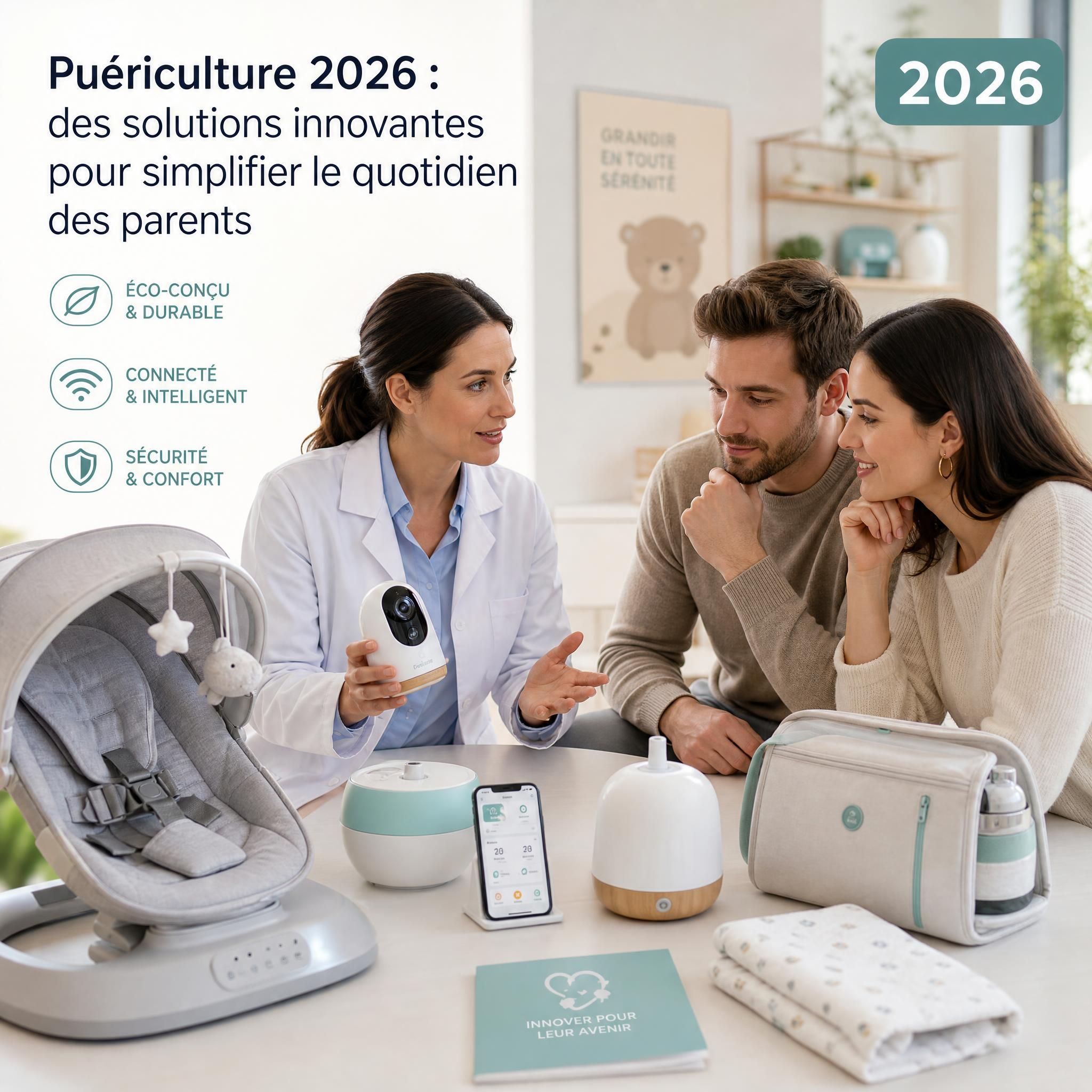 Expert pédiatre et jeunes parents consultant des produits de puériculture innovants en 2026