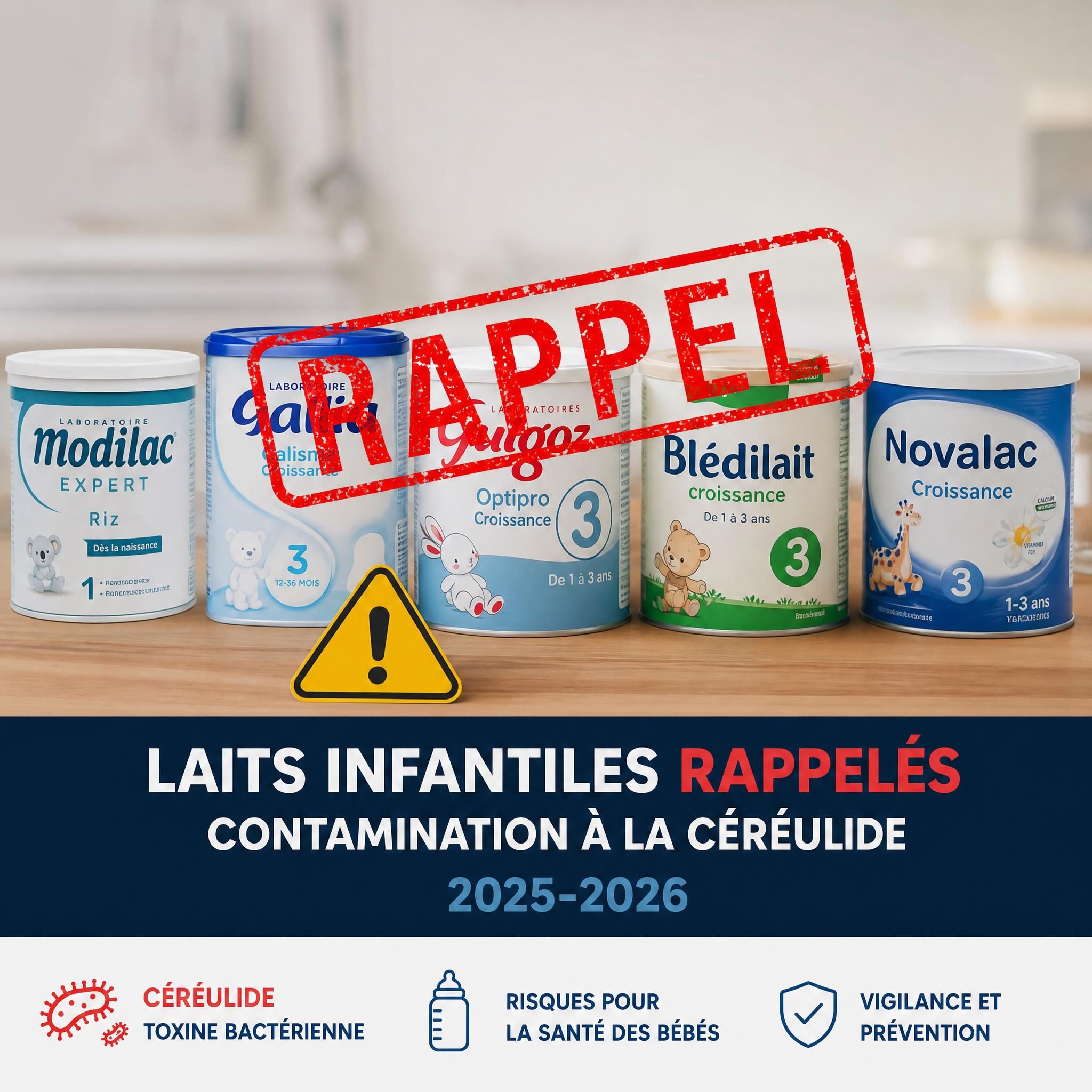 Boîtes de lait infantile rappelées alignées sur une table, symbolisant le scandale sanitaire des laits contaminés à la céréulide en 2025-2026