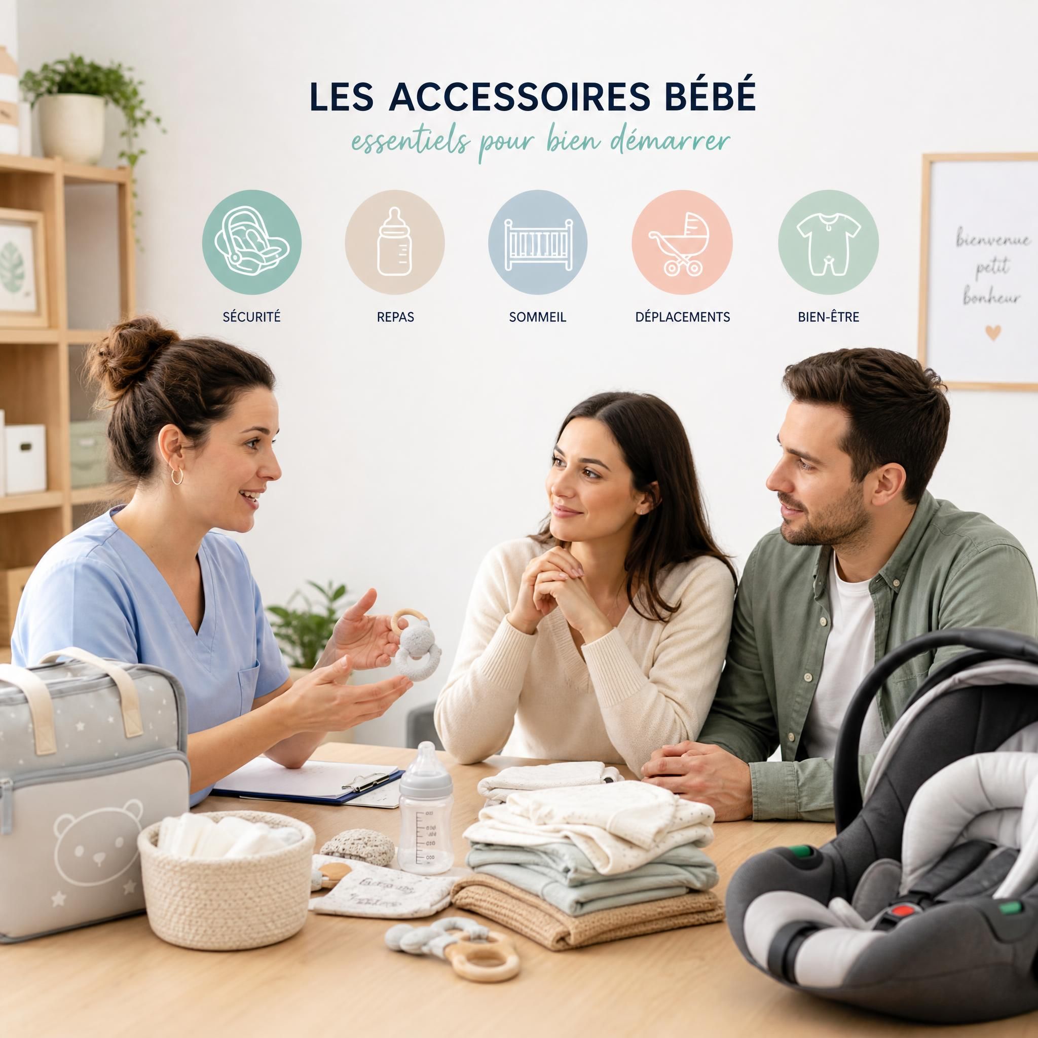 Puéricultrice experte conseillant de jeunes parents sur le choix des accessoires bébé essentiels