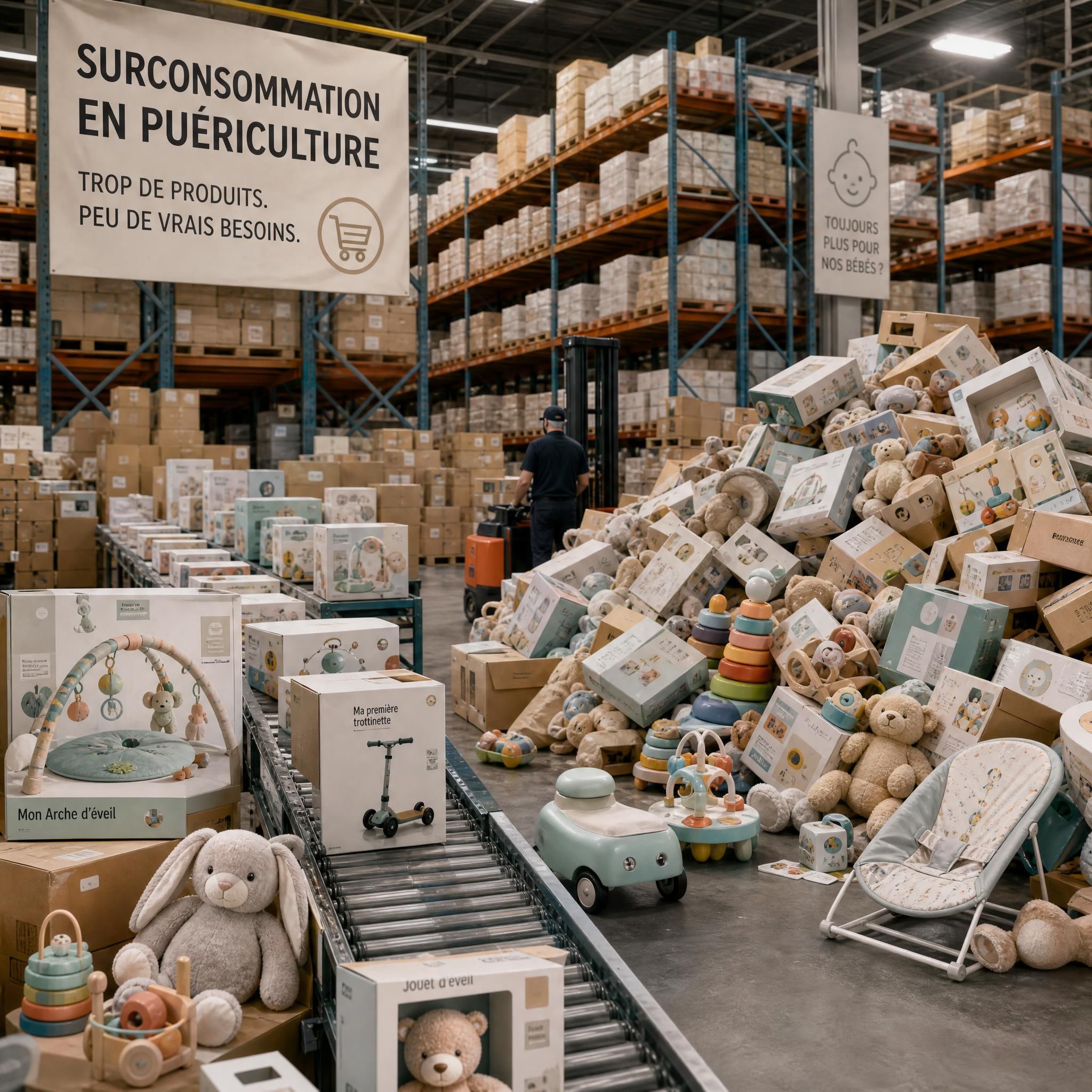 Entrepôt logistique rempli de jouets bébé emballés — illustration de la surconsommation dans l'industrie de la puériculture