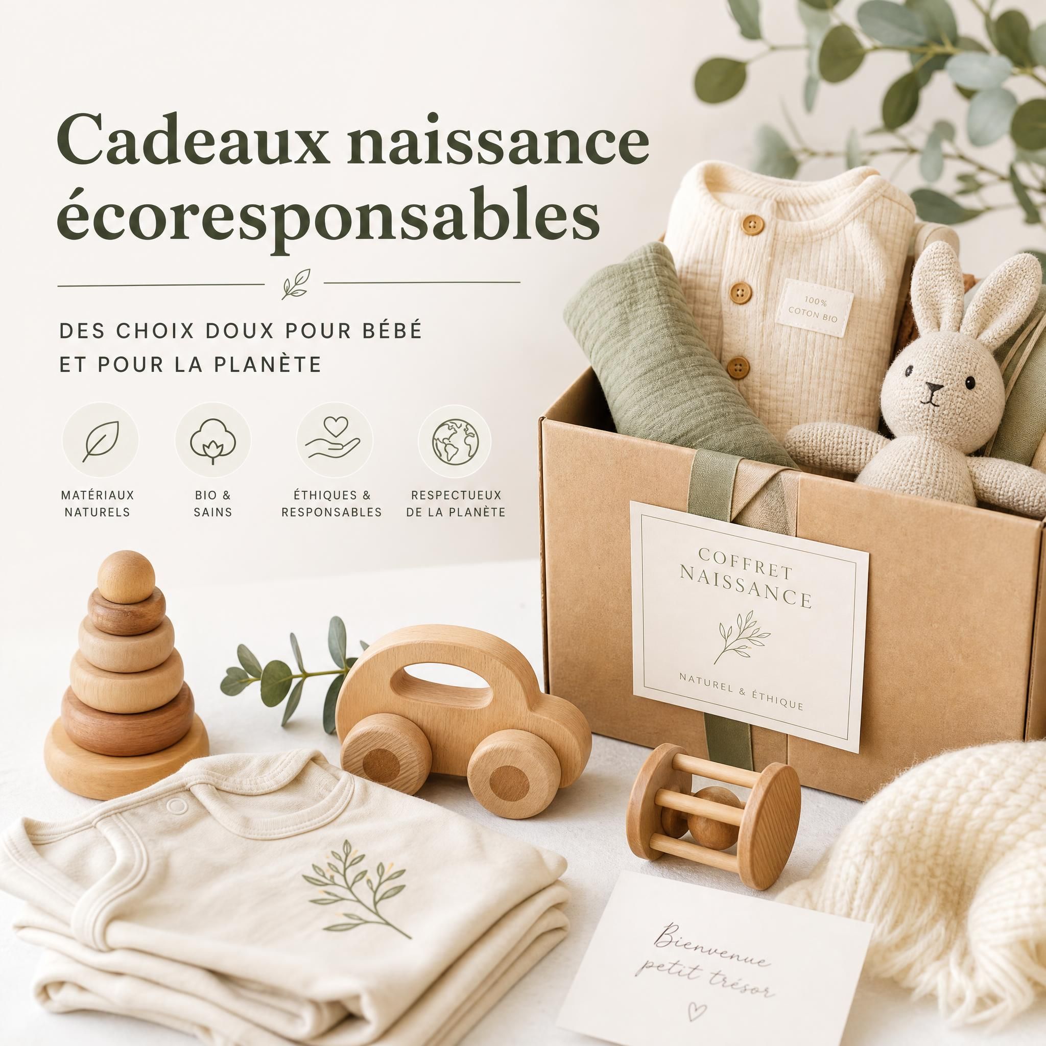 Cadeaux naissance écoresponsables — jouets en bois, vêtements bio, coffret naissance durable et éthique pour bébé