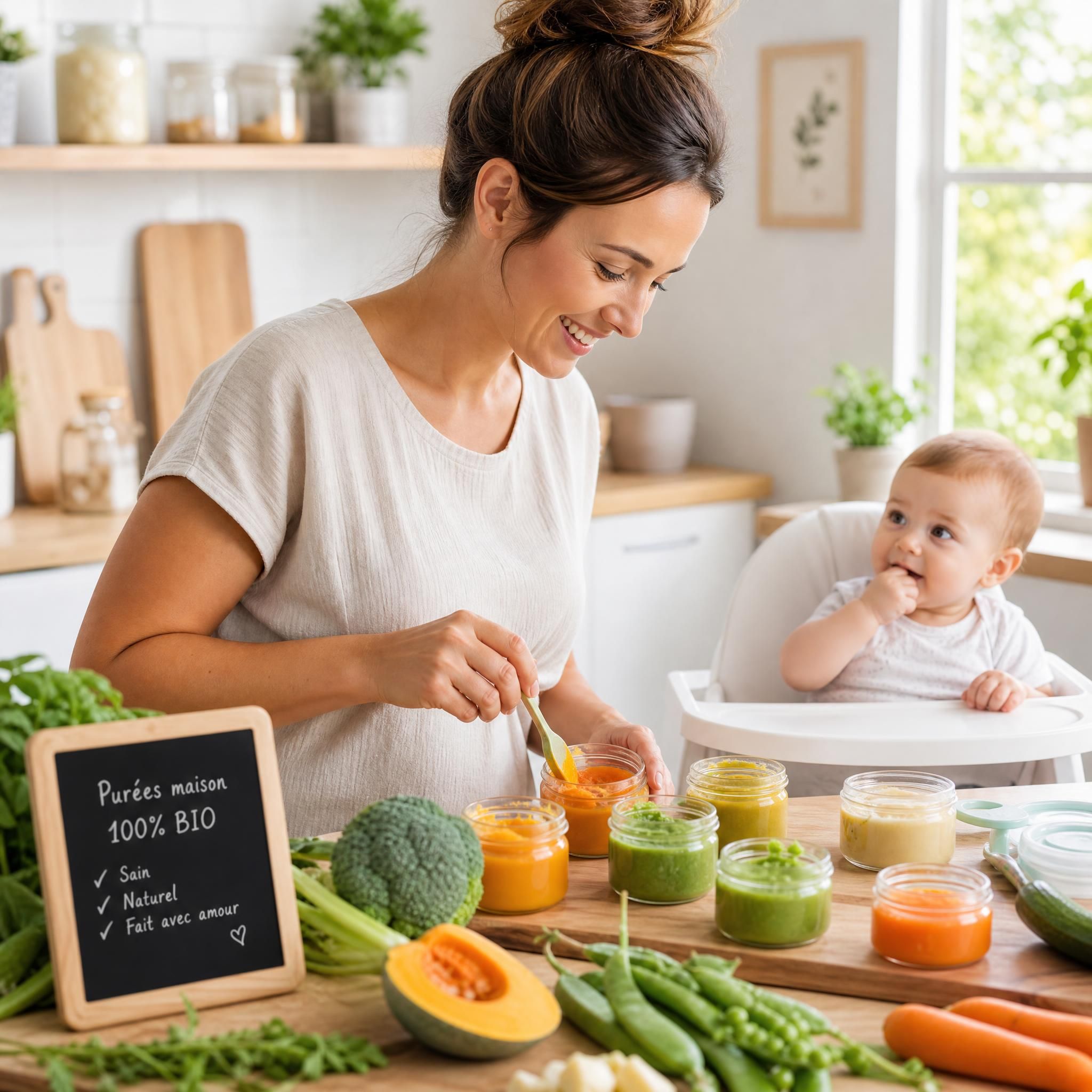 Mère préparant des purées maison biologiques pour son bébé dans une cuisine lumineuse, symbole de la reprise en main de l'alimentation infantile naturelle