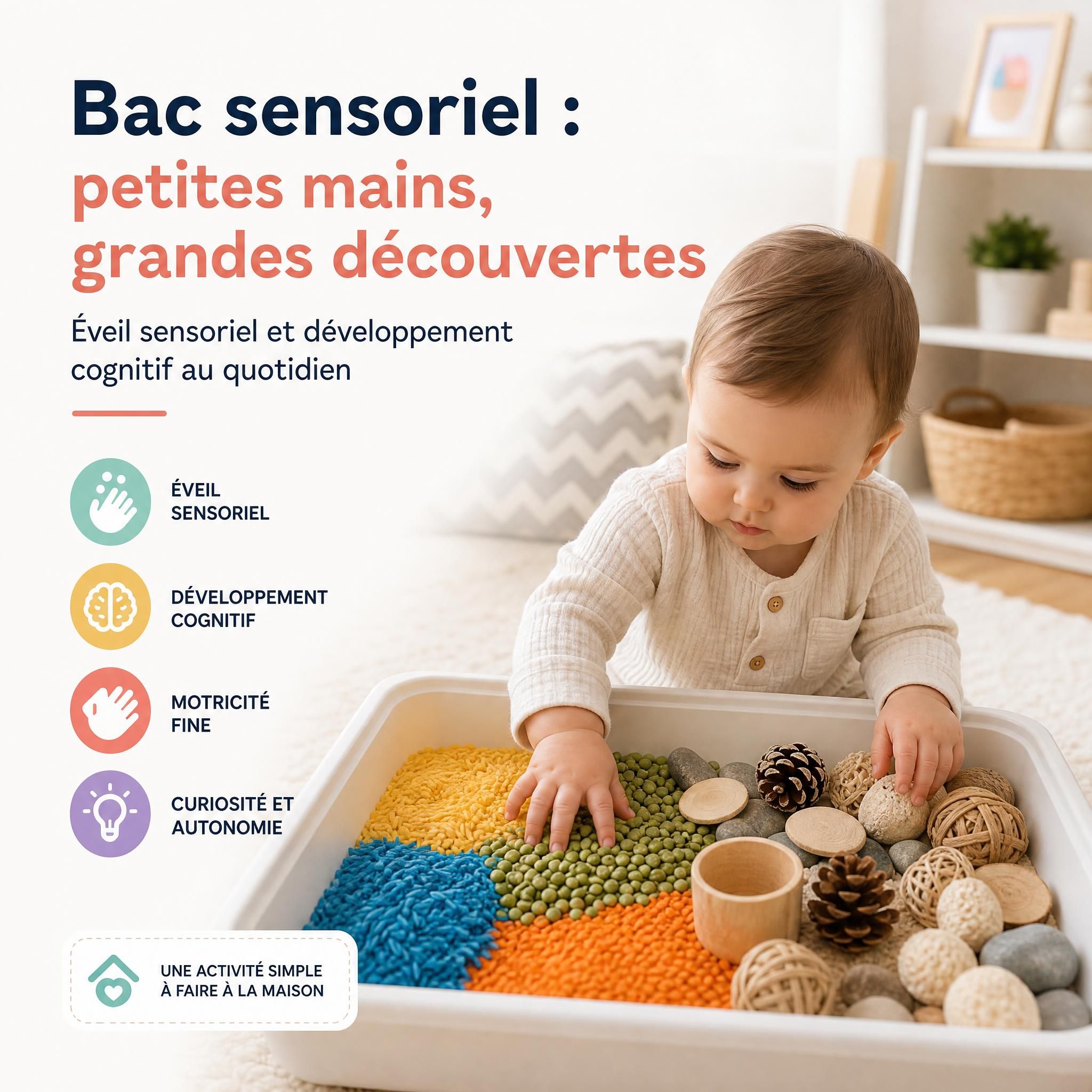 Bébé en train d'explorer un bac sensoriel coloré avec différentes textures, éveil sensoriel et développement cognitif, activité pratique à la maison