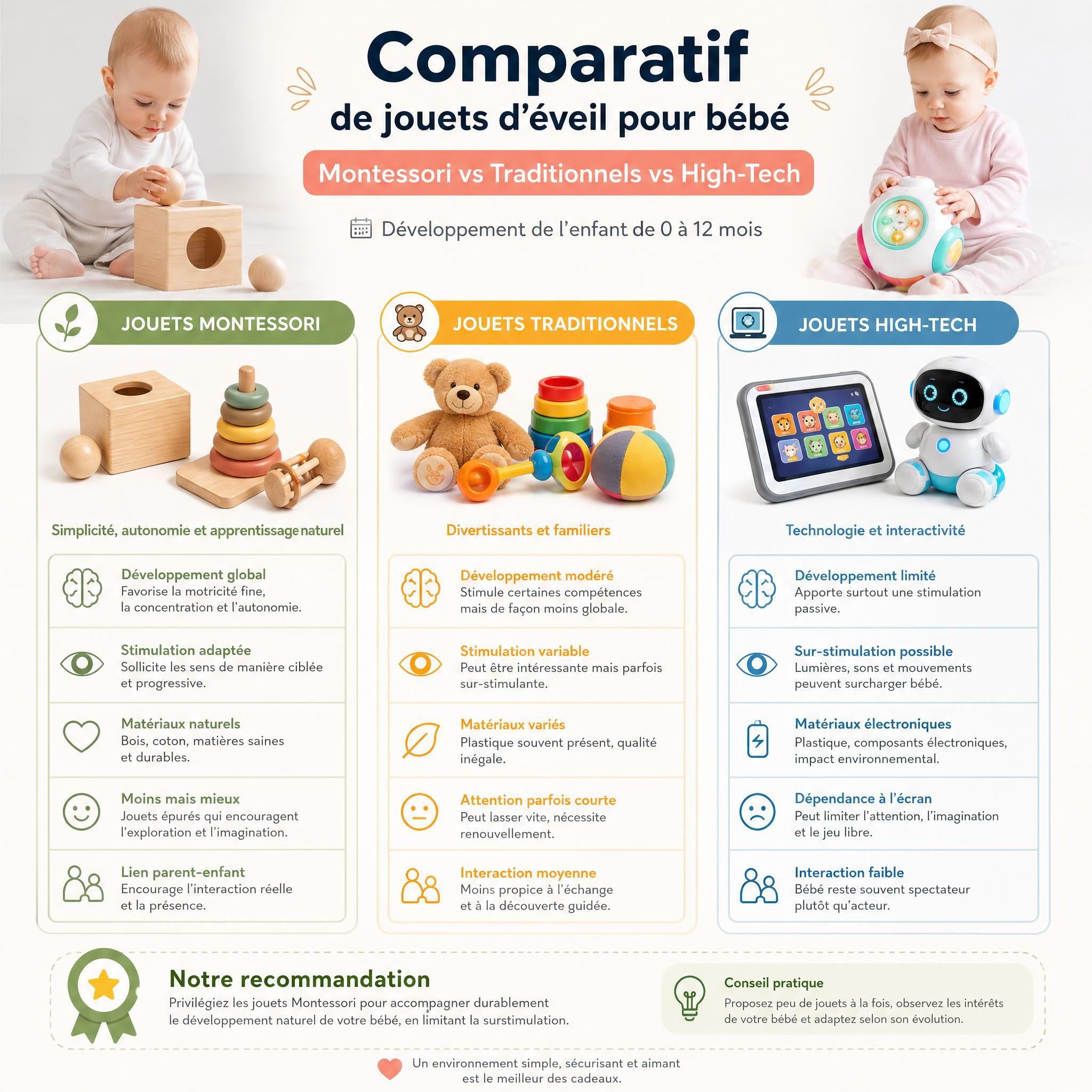 Comparatif de jouets d'éveil bébé Montessori versus jouets traditionnels et high-tech, développement enfant 0-12 mois
