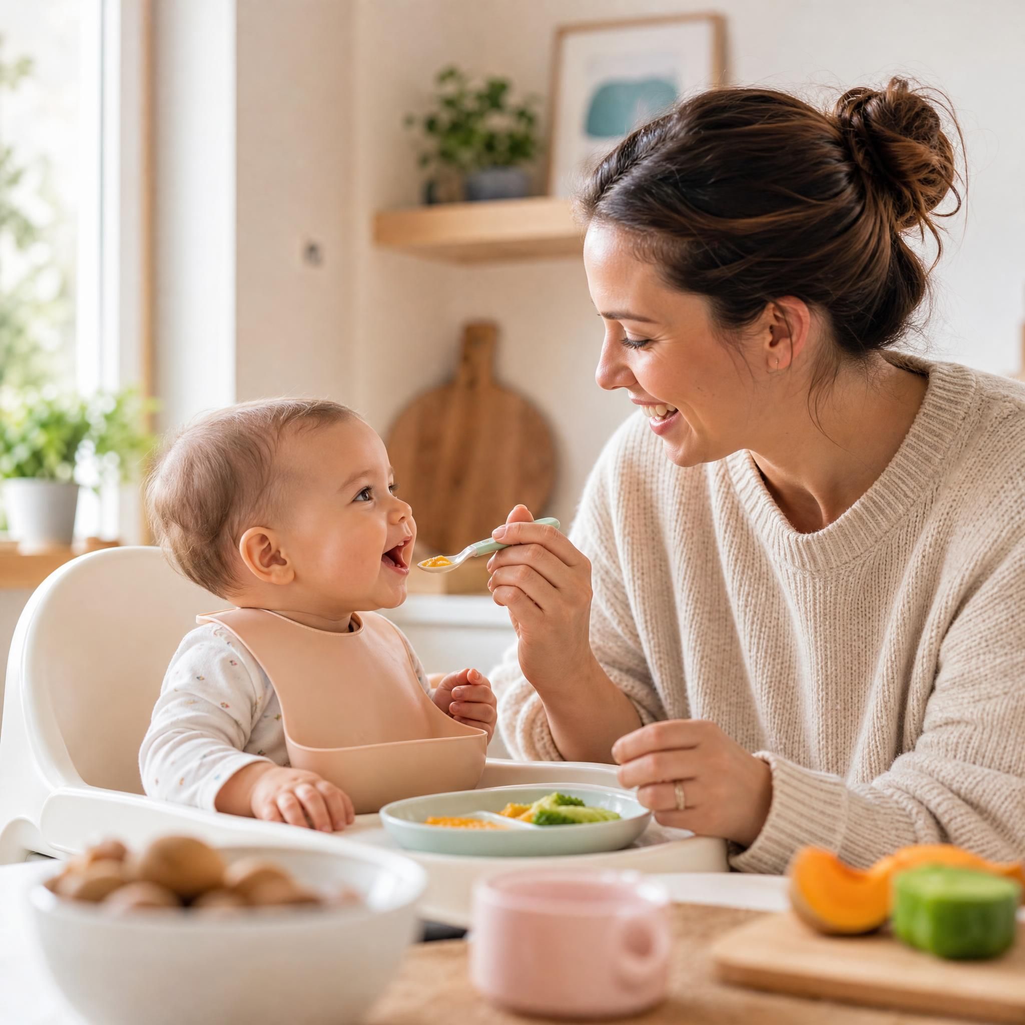 Mère souriante donnant de la nourriture à son bébé lors de la diversification alimentaire, ambiance chaleureuse et bienveillante