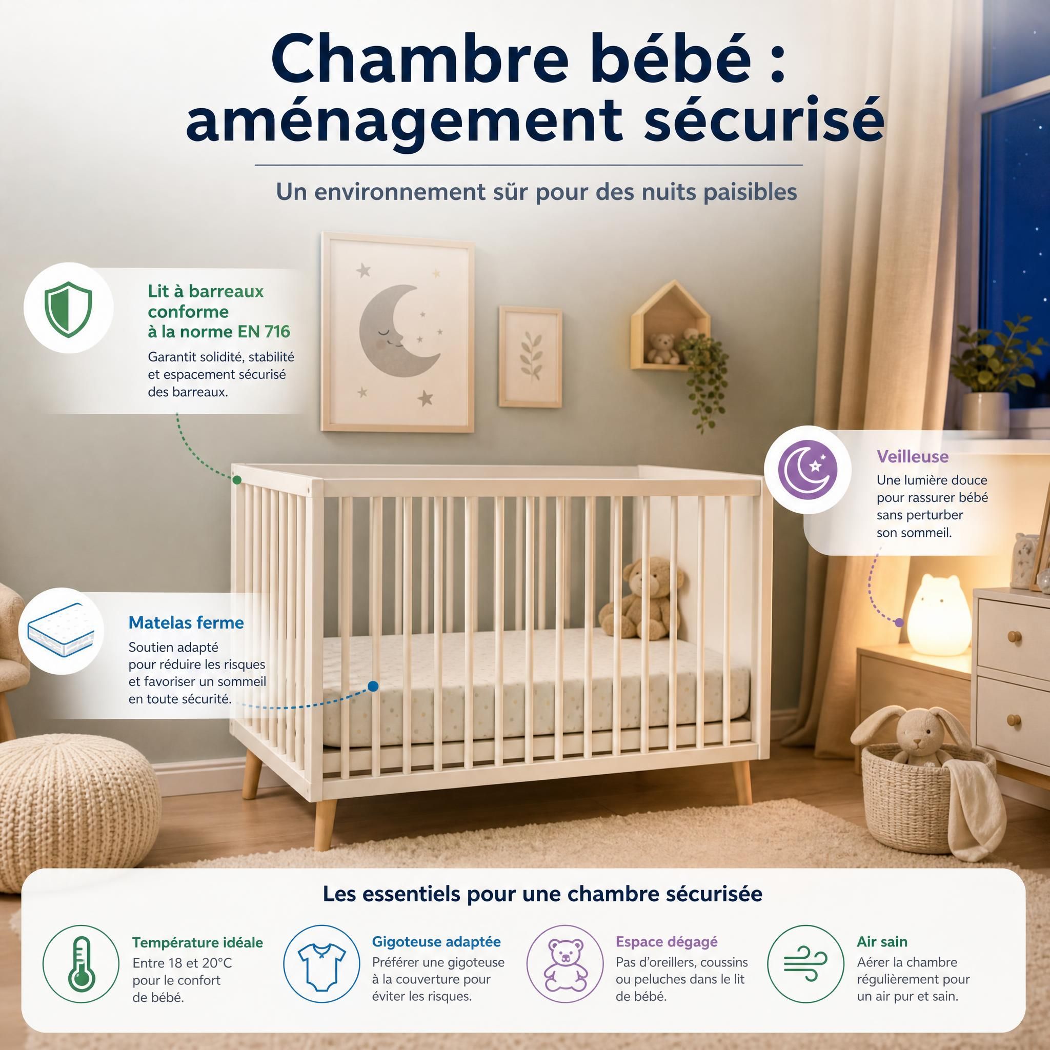 Chambre bébé aménagement sécurisé lit barreaux norme EN 716 matelas ferme veilleuse