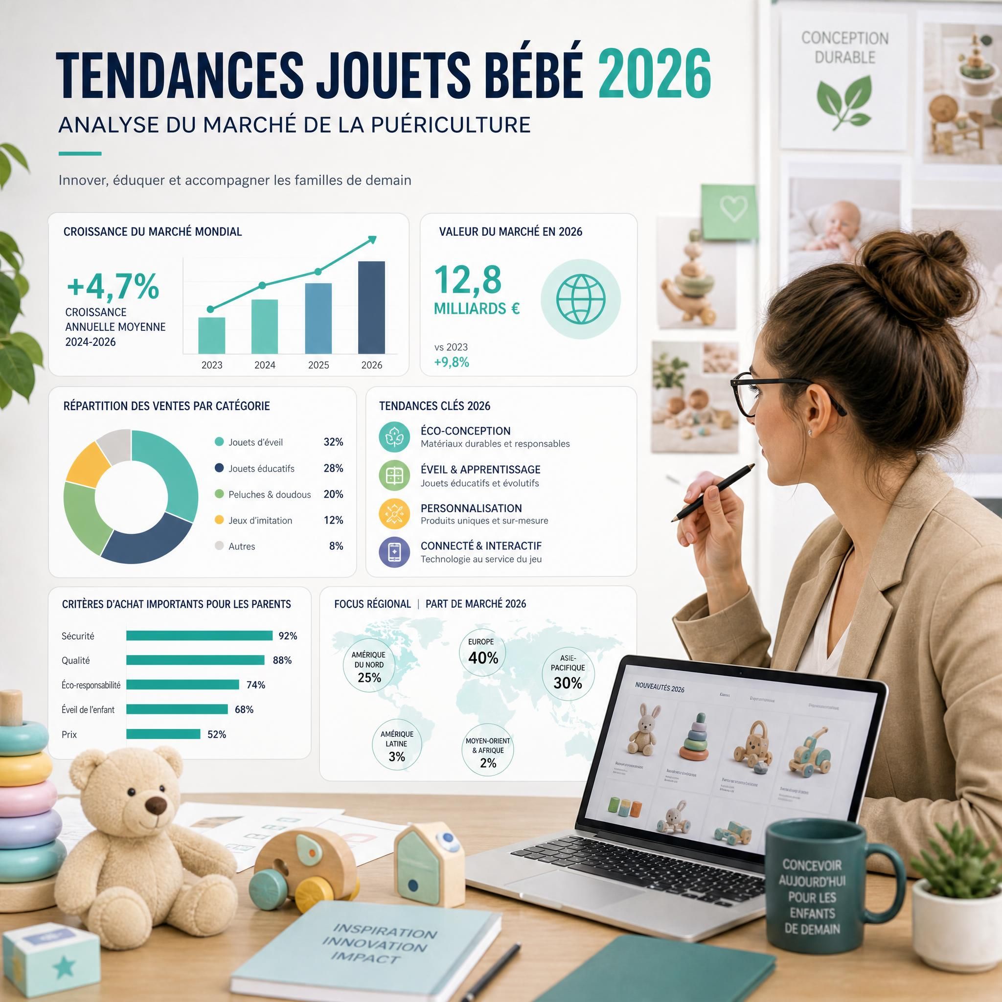Expert analysant les tendances jouets bébé 2026, tableau de bord avec statistiques marché puériculture