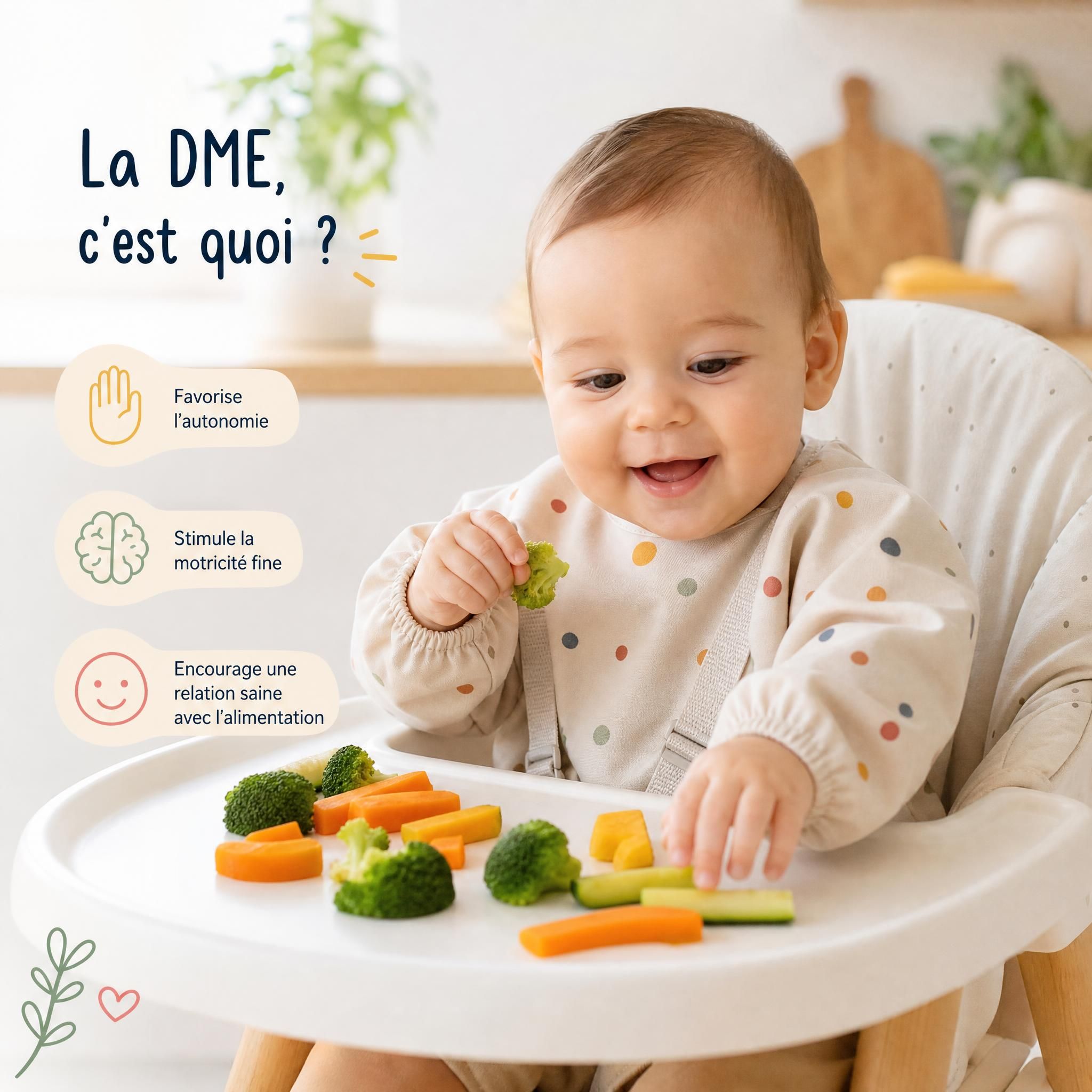 Bébé souriant dans sa chaise haute, explorant des morceaux de légumes colorés lors de la DME, développement de l'autonomie alimentaire