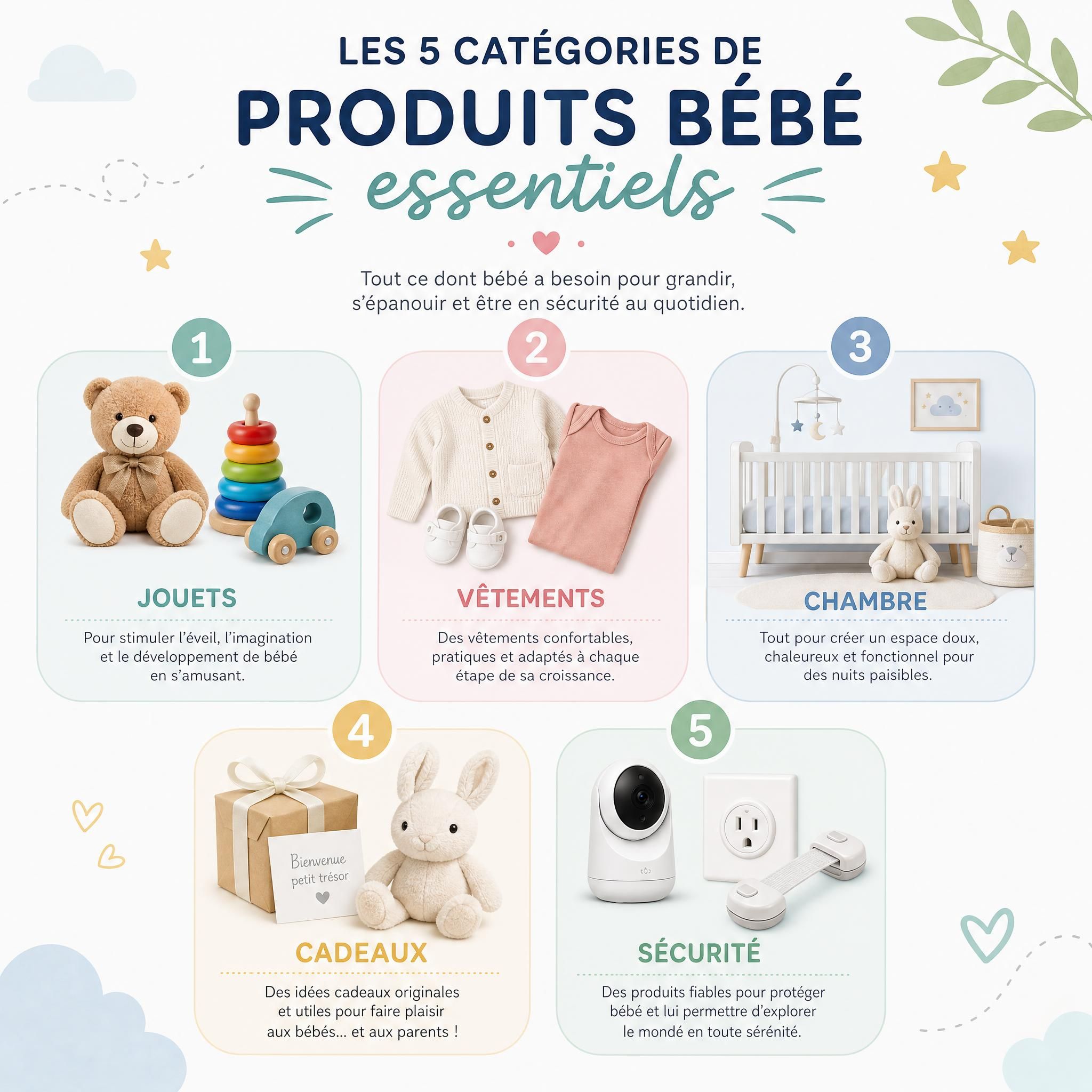 Infographie montrant les 5 catégories de produits bébé essentiels : jouets, vêtements, chambre, cadeaux, sécurité