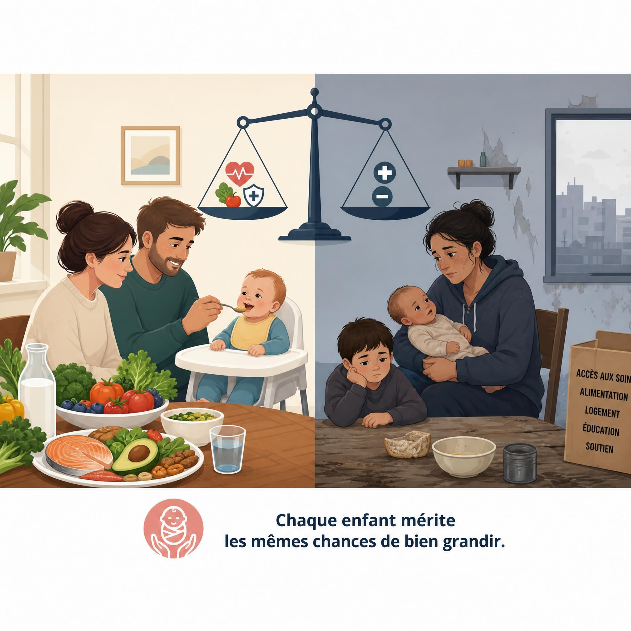 Illustration symbolisant les inégalités sociales face à la santé bébé, avec d'un côté une table bien garnie et de l'autre une famille en situation de précarité