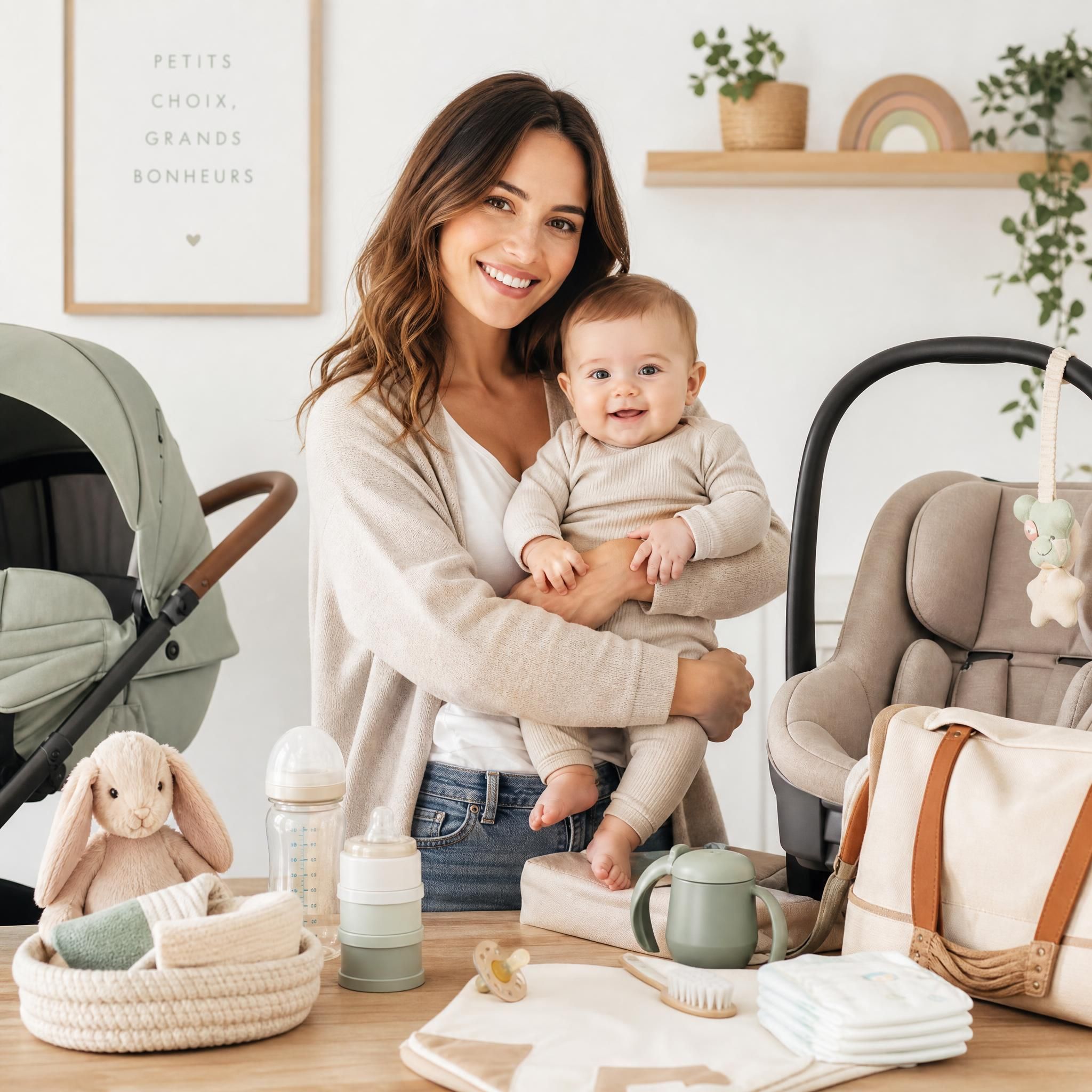 jeune maman souriante tenant son bébé entouré d'accessoires de puériculture soigneusement choisis
