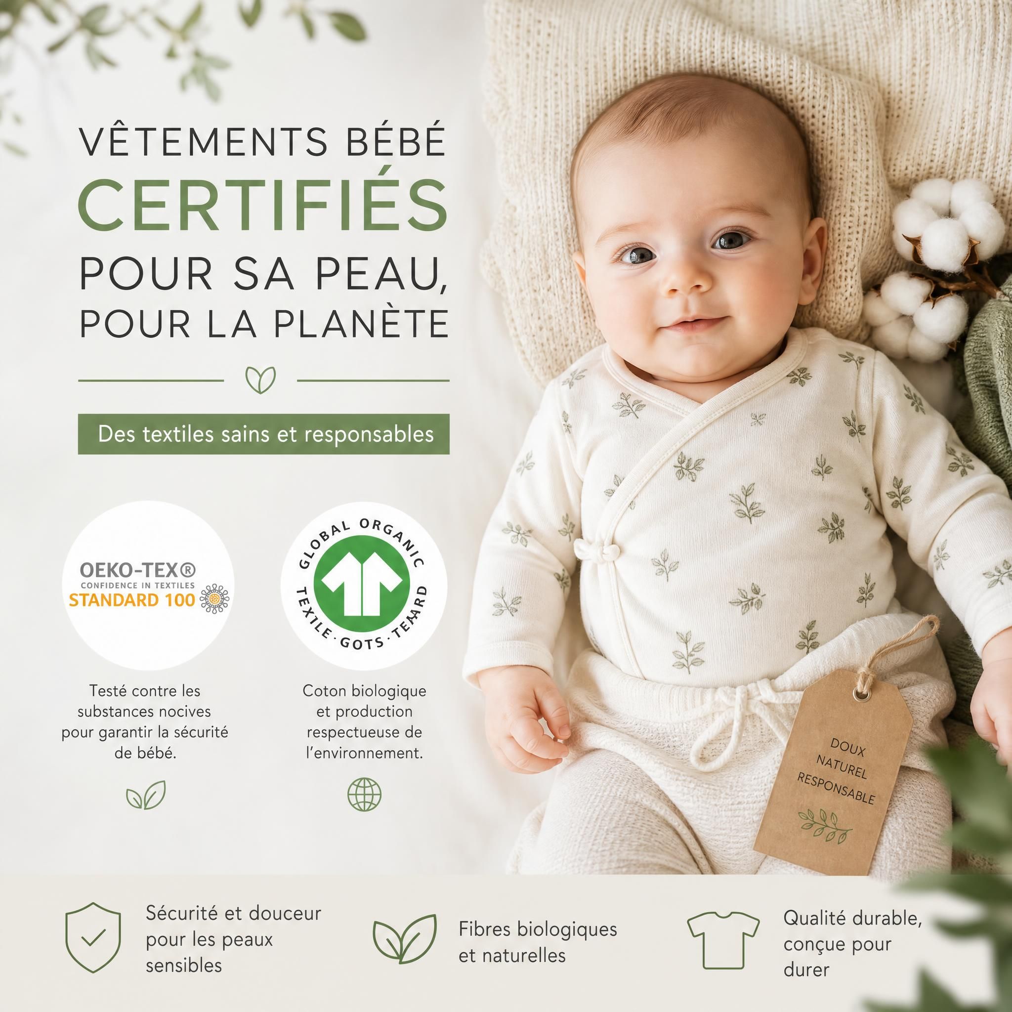 Vêtements bébé certifiés OEKO-TEX GOTS labels textiles biologiques sécurité peau sensible