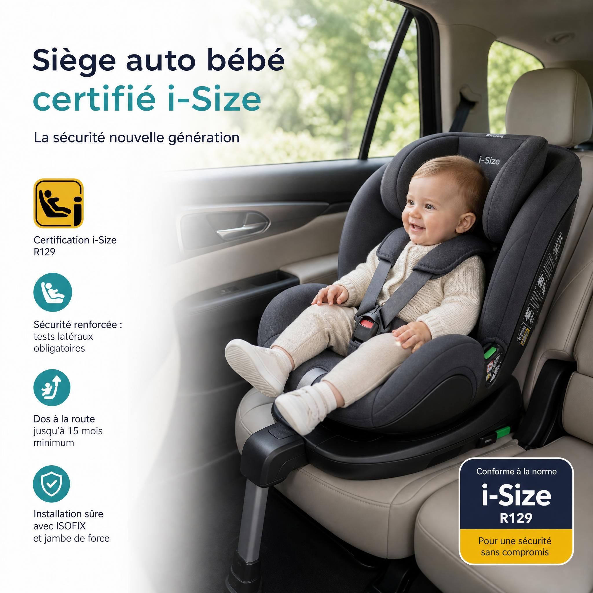 siège auto bébé certifié i-Size installé correctement dans une voiture familiale