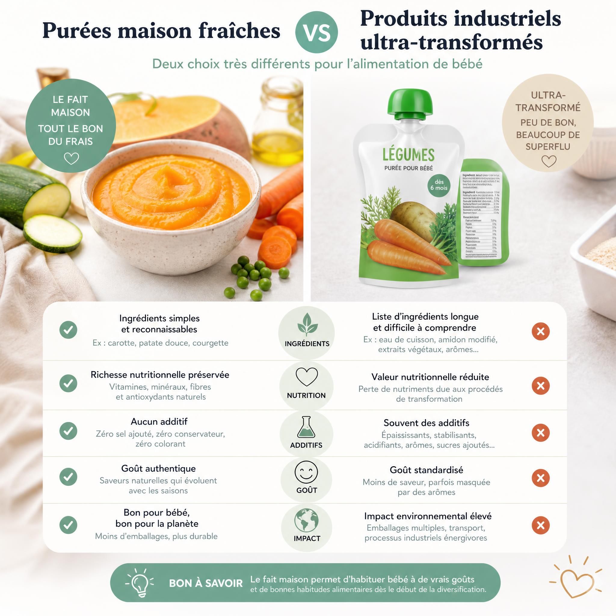 Comparaison visuelle entre purées maison fraîches et produits industriels ultra-transformés pour bébé, illustrant les différences nutritionnelles
