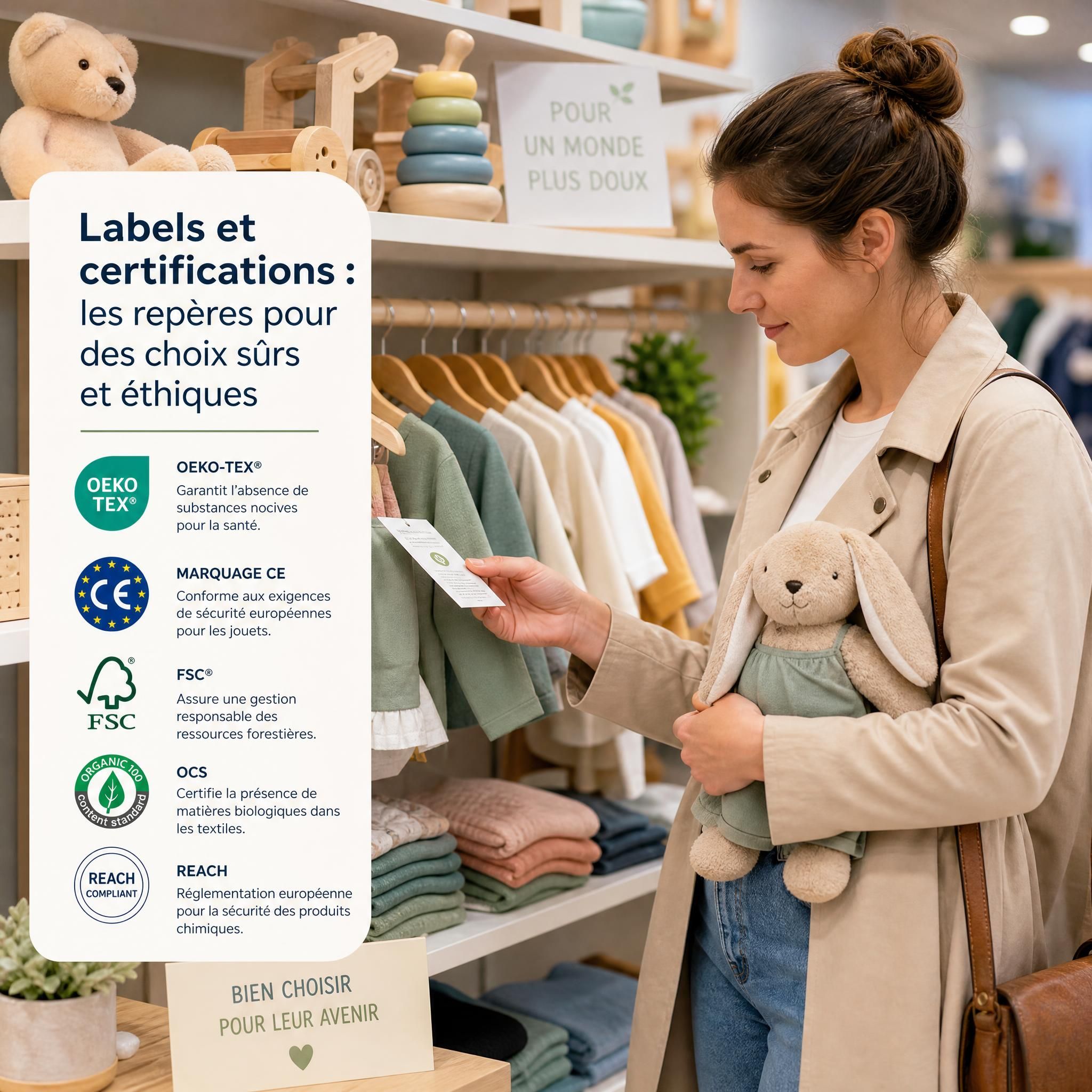 Parent vérifiant les labels éthiques et certifications de sécurité bébé sur des jouets et vêtements enfant en boutique