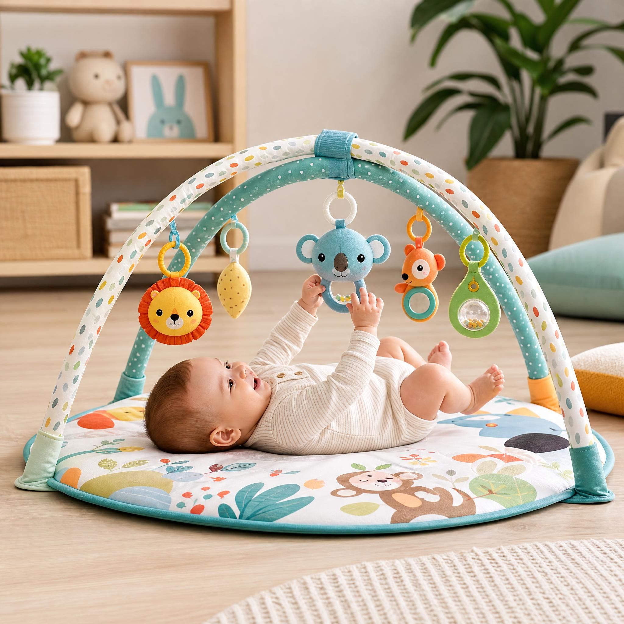 tapis d'éveil bébé coloré avec arches et jouets suspendus stimulants pour nourrisson